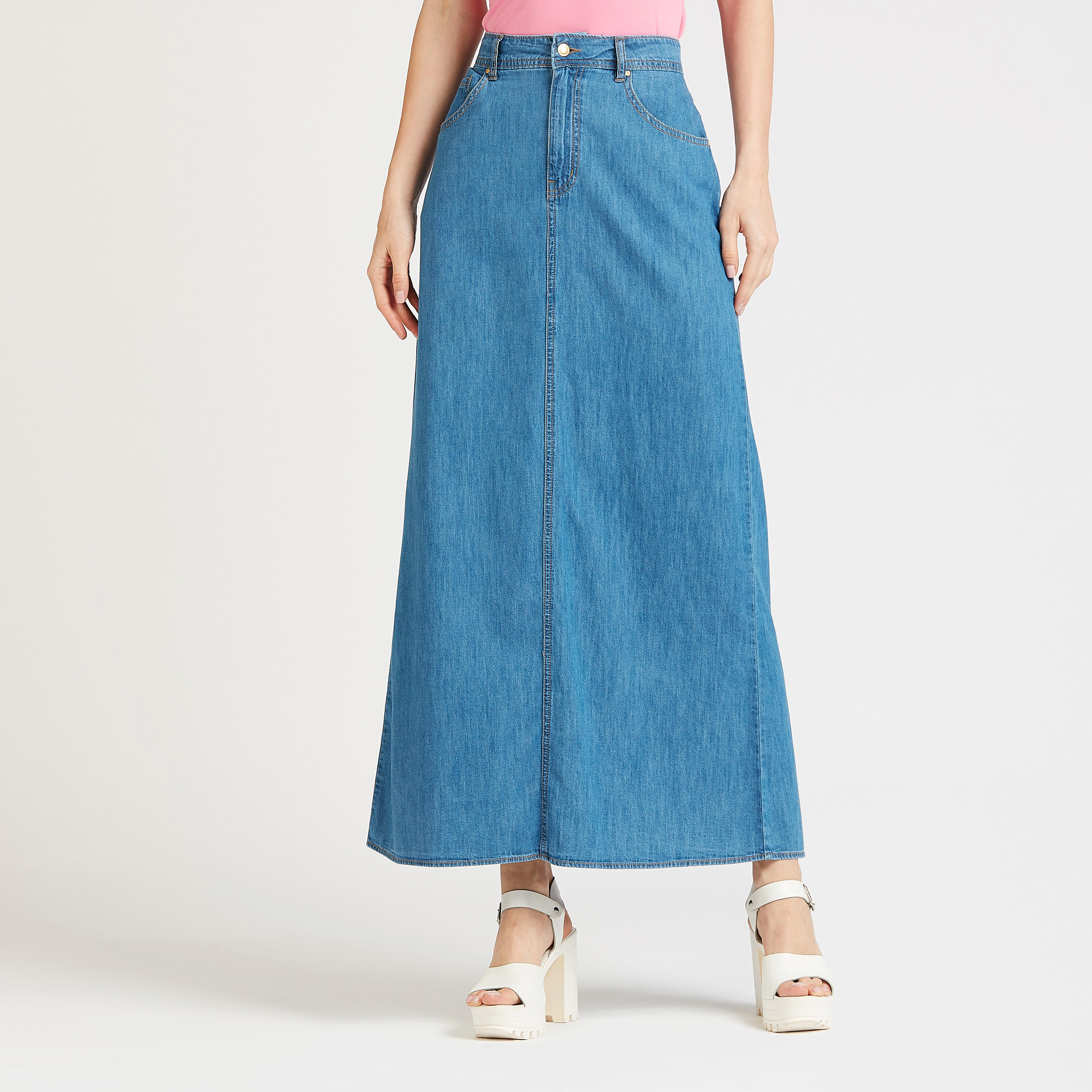 تنورة دنيم سادة طويلة إيه لاين بجيوب وعراوي حزام-women-clothing-bottoms-skirts-image-1
