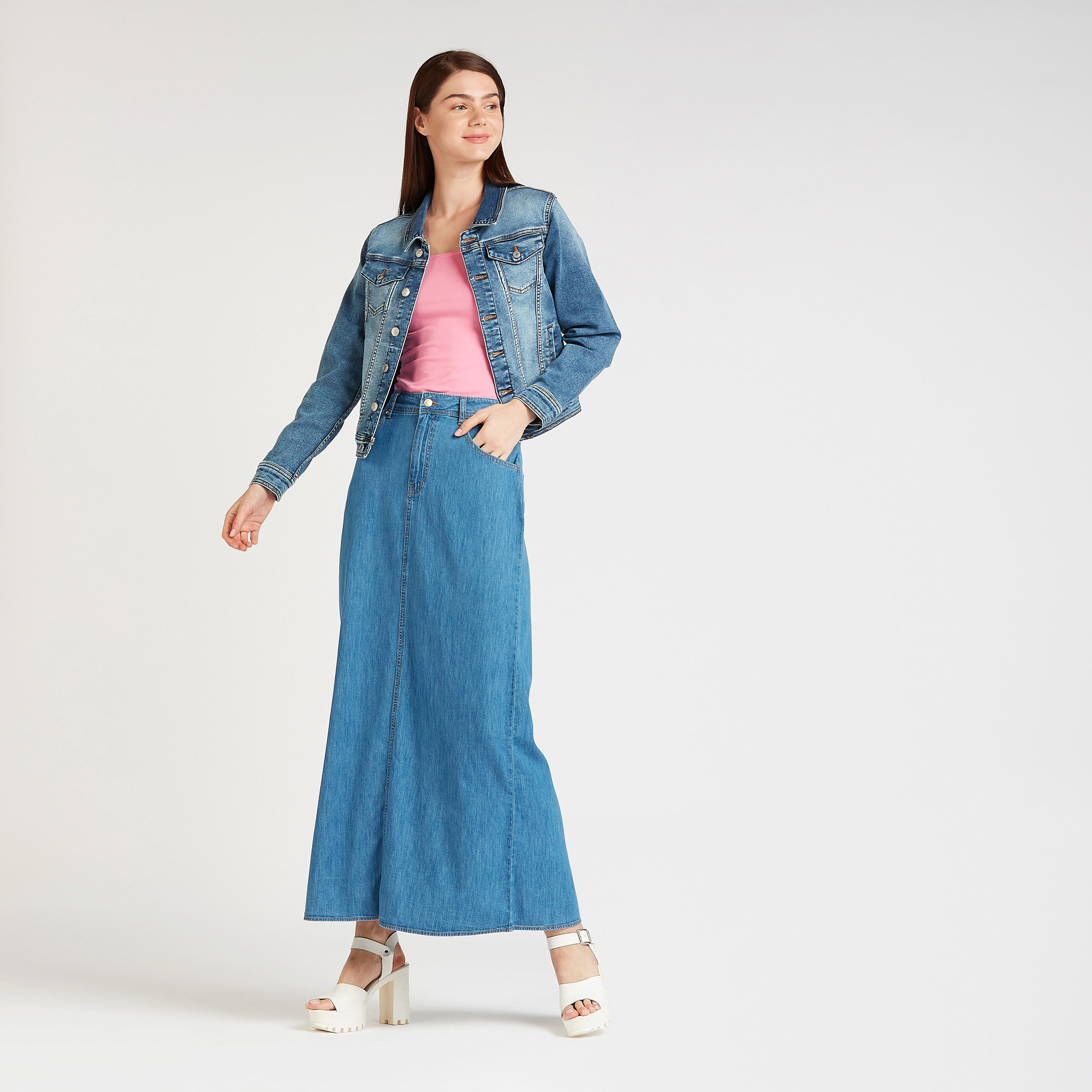 تنورة دنيم سادة طويلة إيه لاين بجيوب وعراوي حزام-women-clothing-bottoms-skirts-image-2