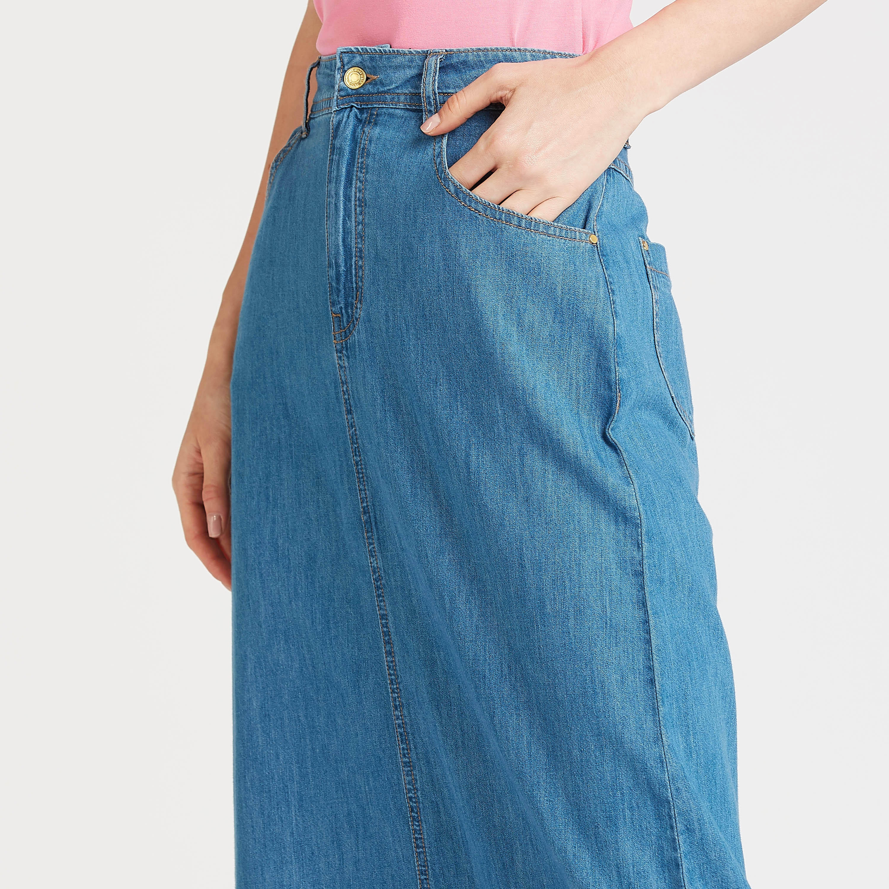 تنورة دنيم سادة طويلة إيه لاين بجيوب وعراوي حزام-women-clothing-bottoms-skirts-image-3