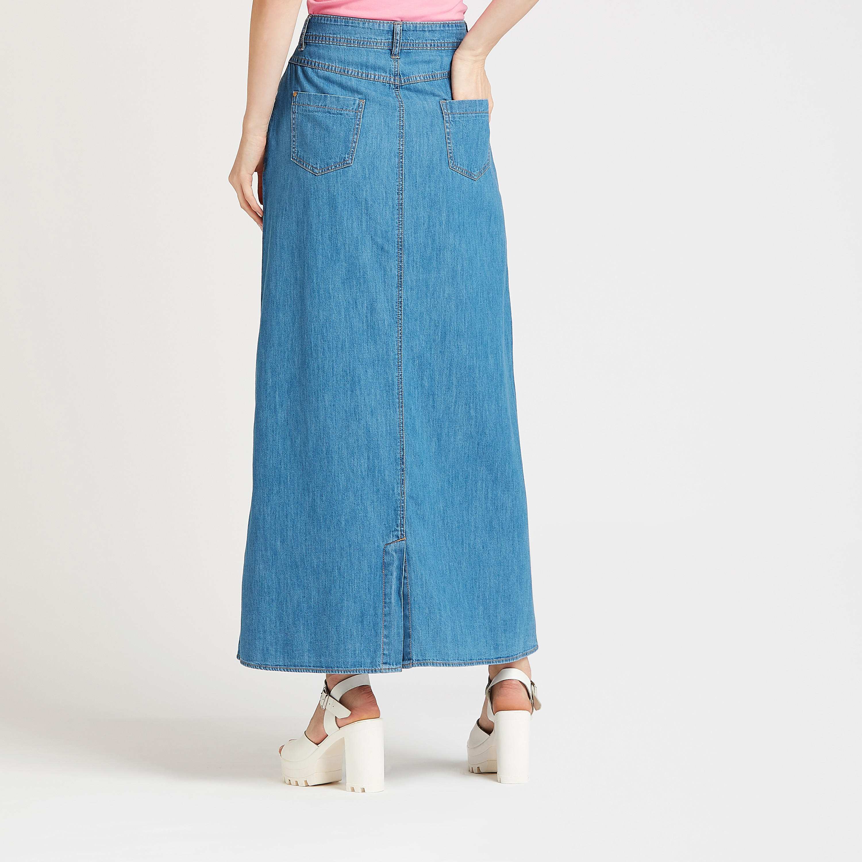 تنورة دنيم سادة طويلة إيه لاين بجيوب وعراوي حزام-women-clothing-bottoms-skirts-image-4