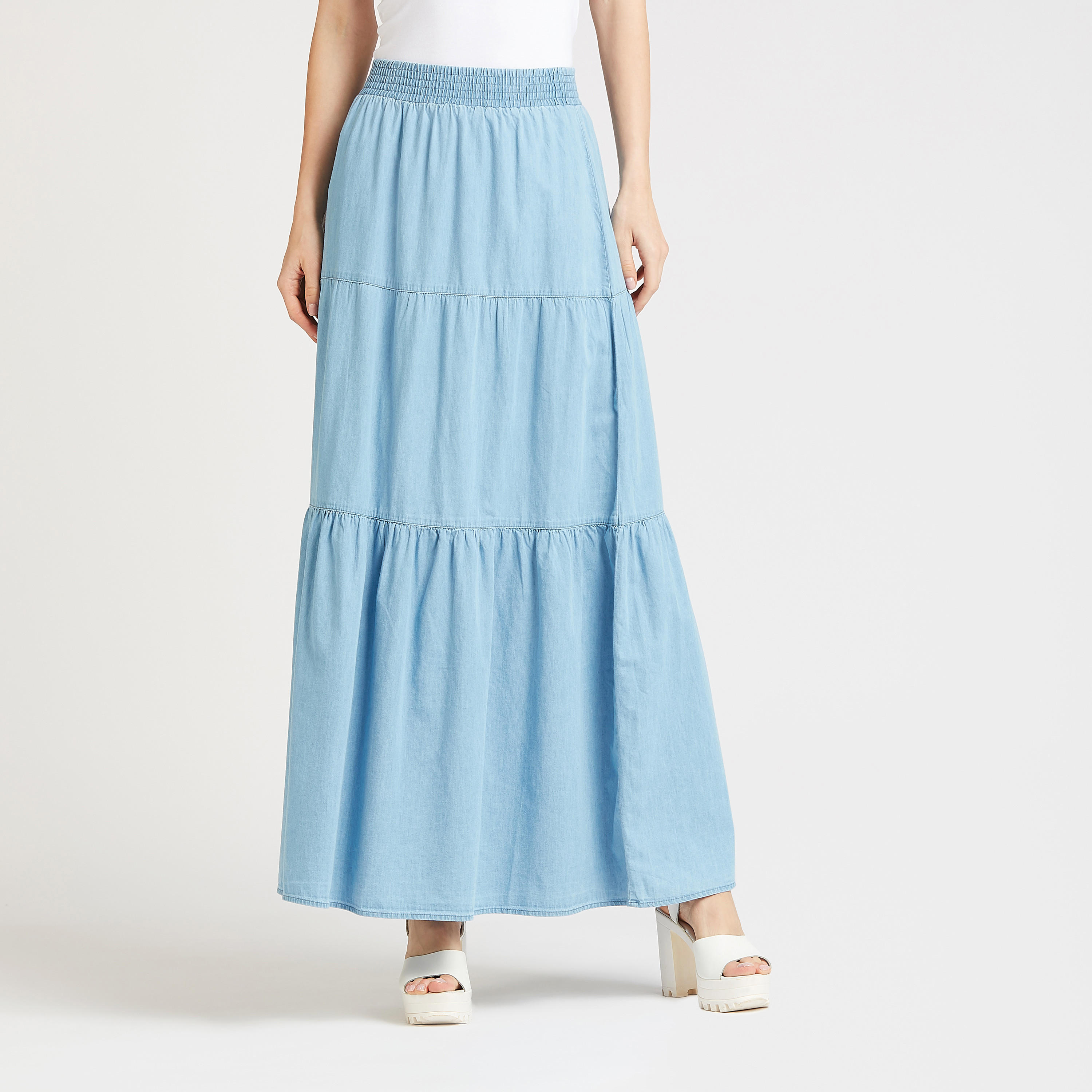 تنورة سادة طويلة إيه لاين بخصر مطّاطي-women-clothing-bottoms-skirts-image-4