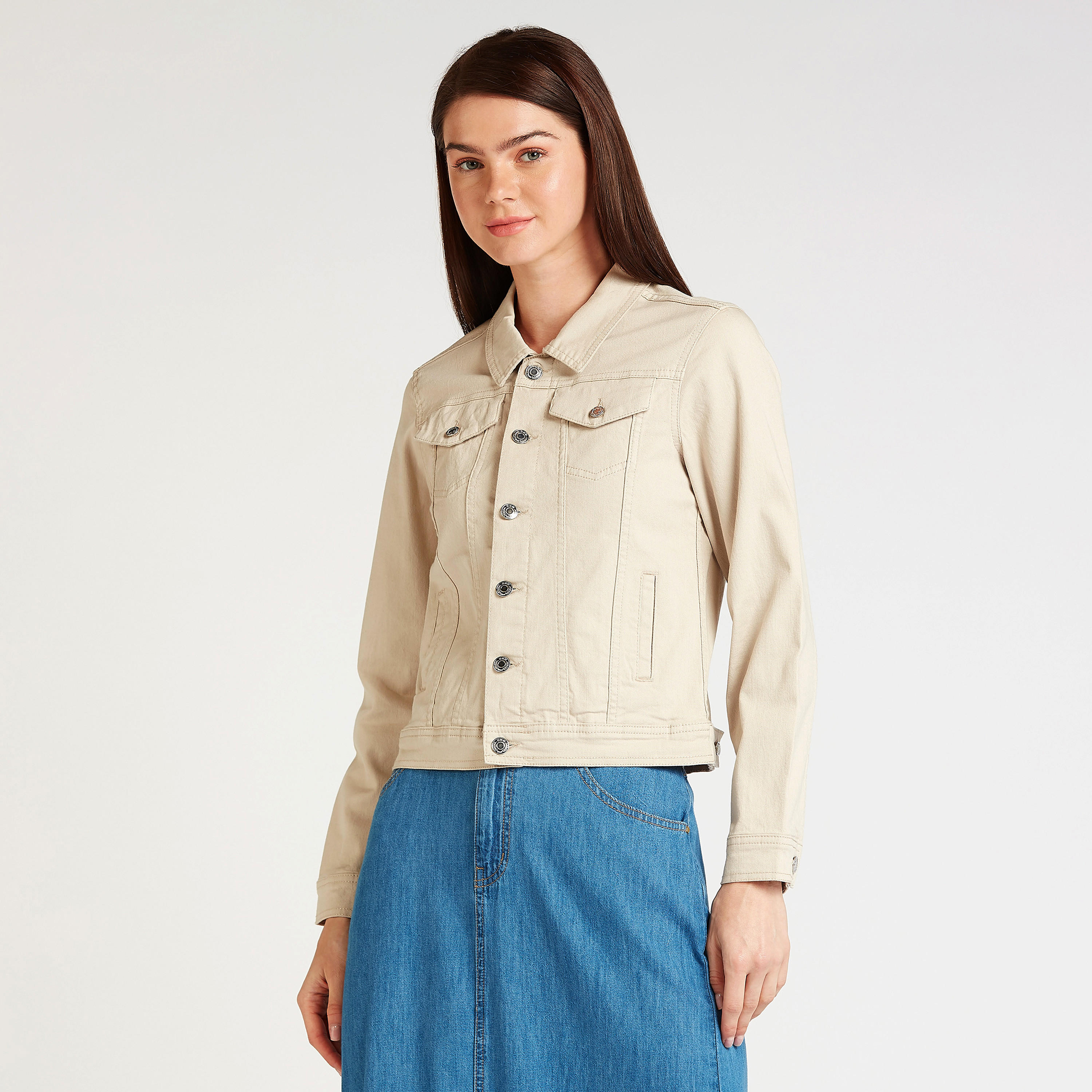 Plain Denim Jacket with Long Sleeves and Flap Pockets-women-winterwear-coatsandjackets-jackets-image-1