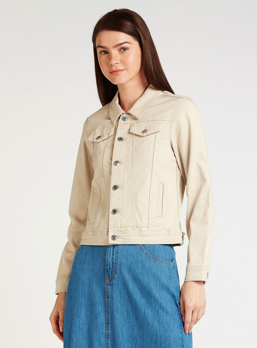 Plain Denim Jacket with Long Sleeves and Flap Pockets-women-winterwear-coatsandjackets-jackets-image-1