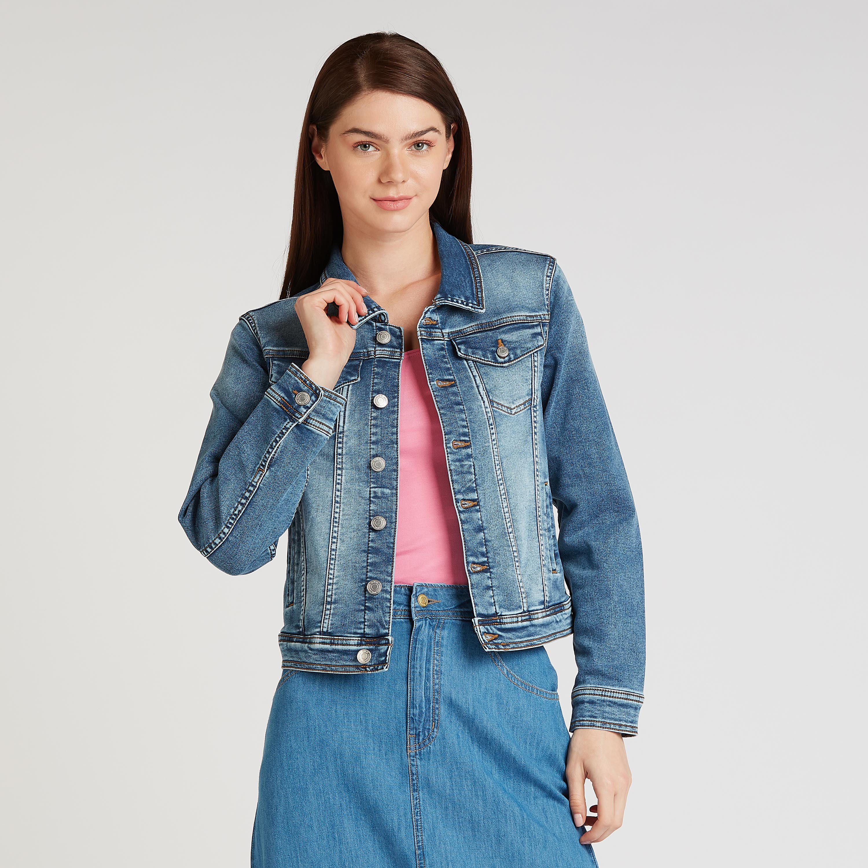 Denim Jacket with Long Sleeves and Flap Pockets-women-winterwear-coatsandjackets-jackets-image-1