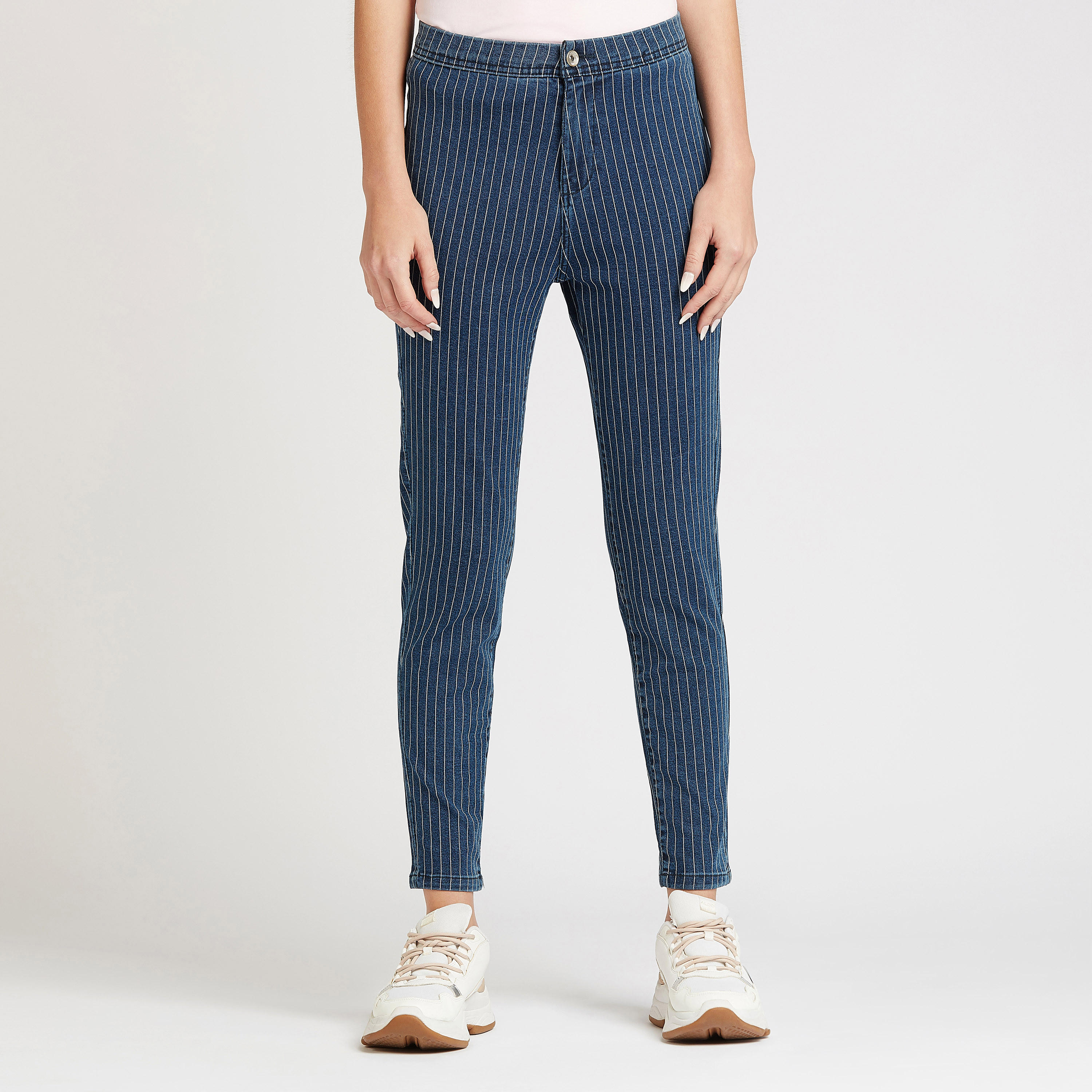 Striped Denim Jeggings with Pocket Detail and Elasticised Waistband-women-clothing-bottoms-leggings-image-1