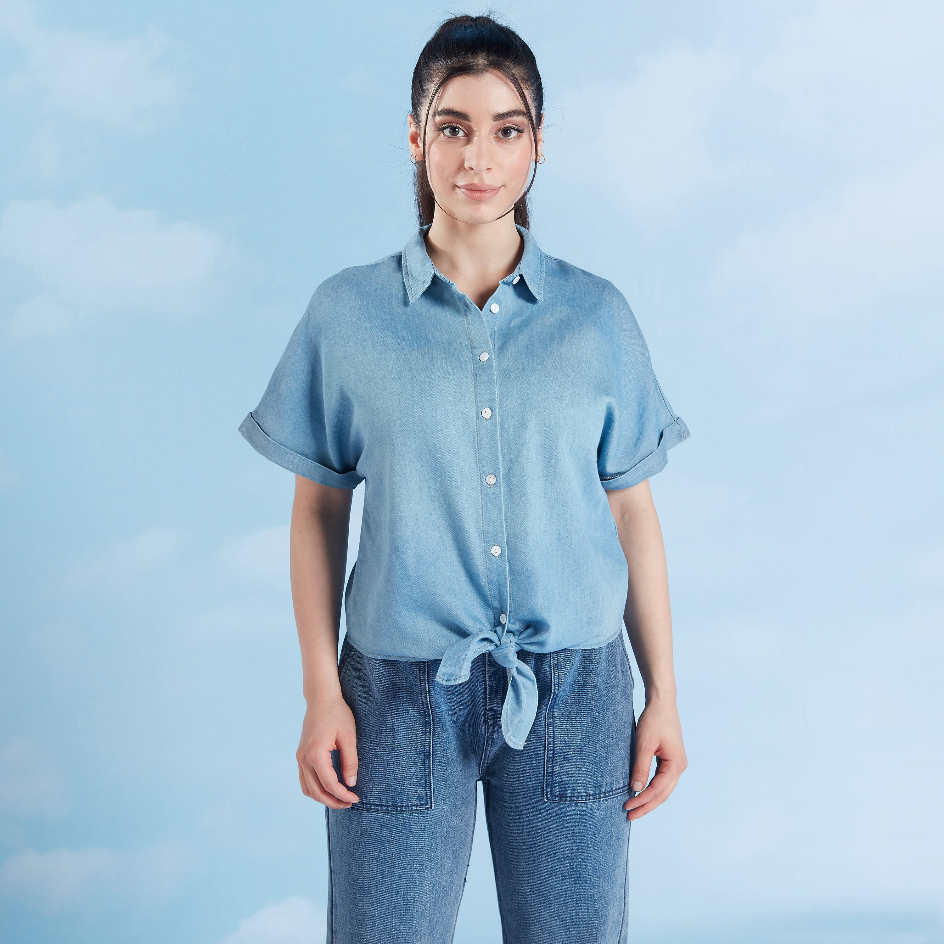 قميص قصير سادة بأكمام متصّلة وأربطة-women-clothing-shirtsandblouses-shirts-image-5