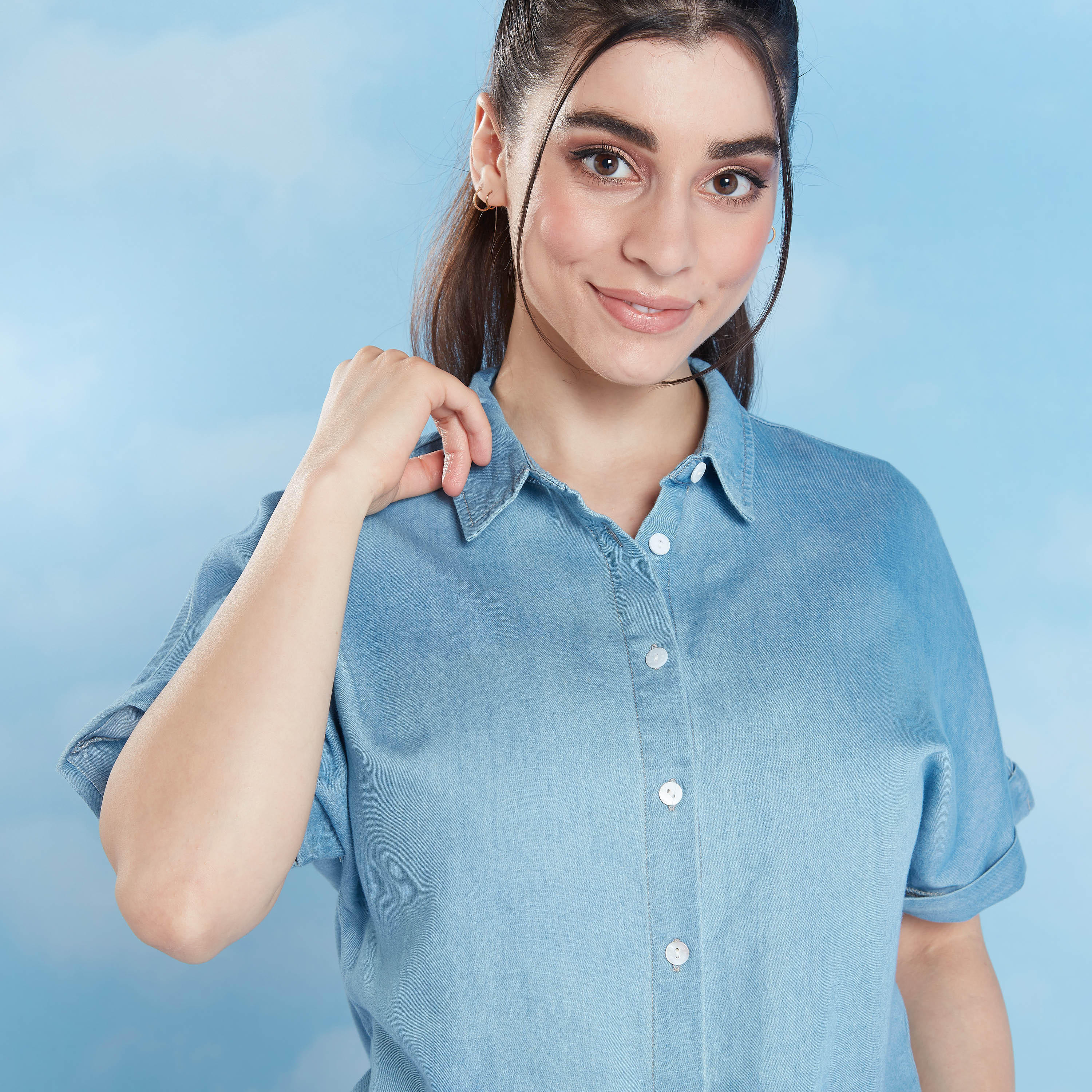 قميص قصير سادة بأكمام متصّلة وأربطة-women-clothing-shirtsandblouses-shirts-image-2