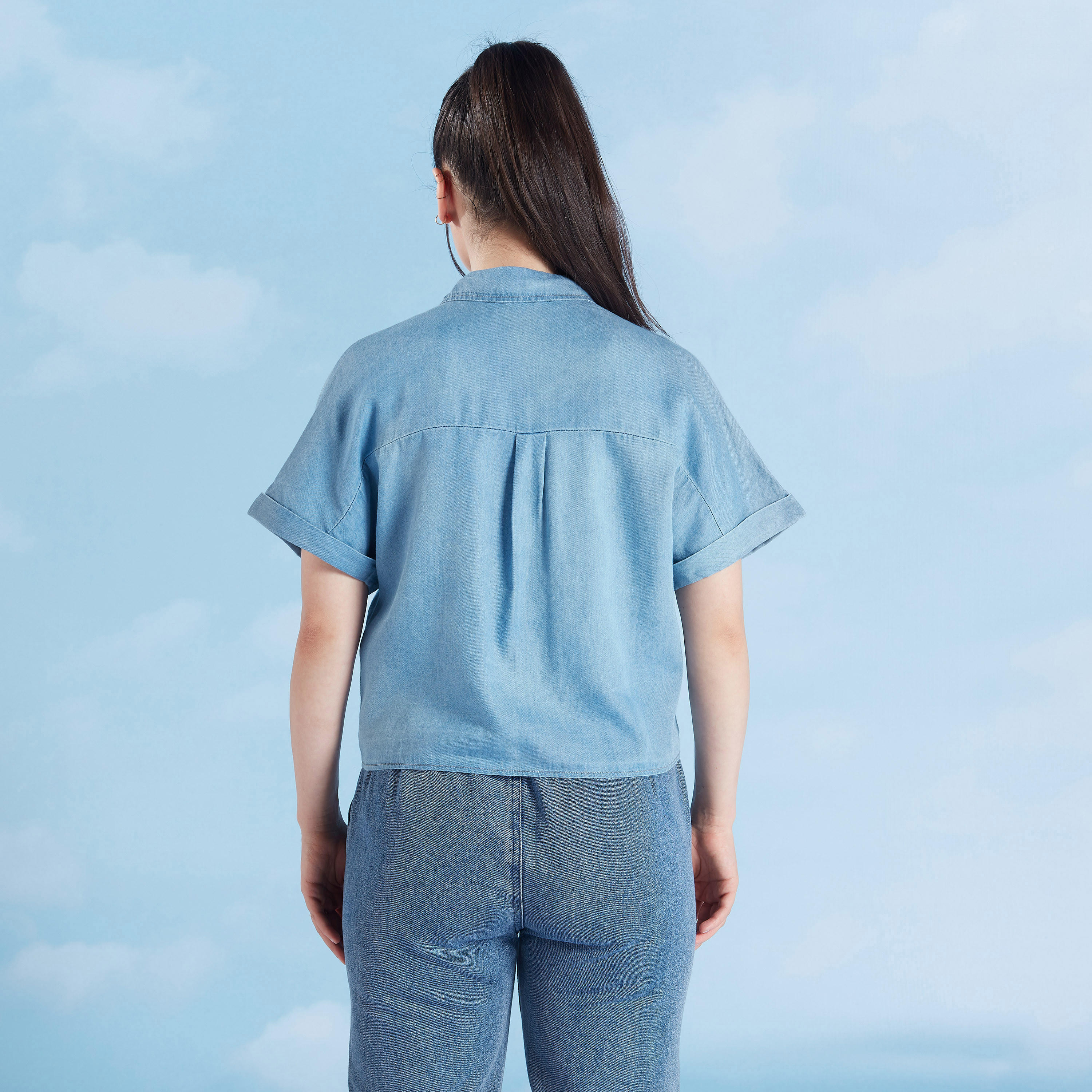 قميص قصير سادة بأكمام متصّلة وأربطة-women-clothing-shirtsandblouses-shirts-image-1