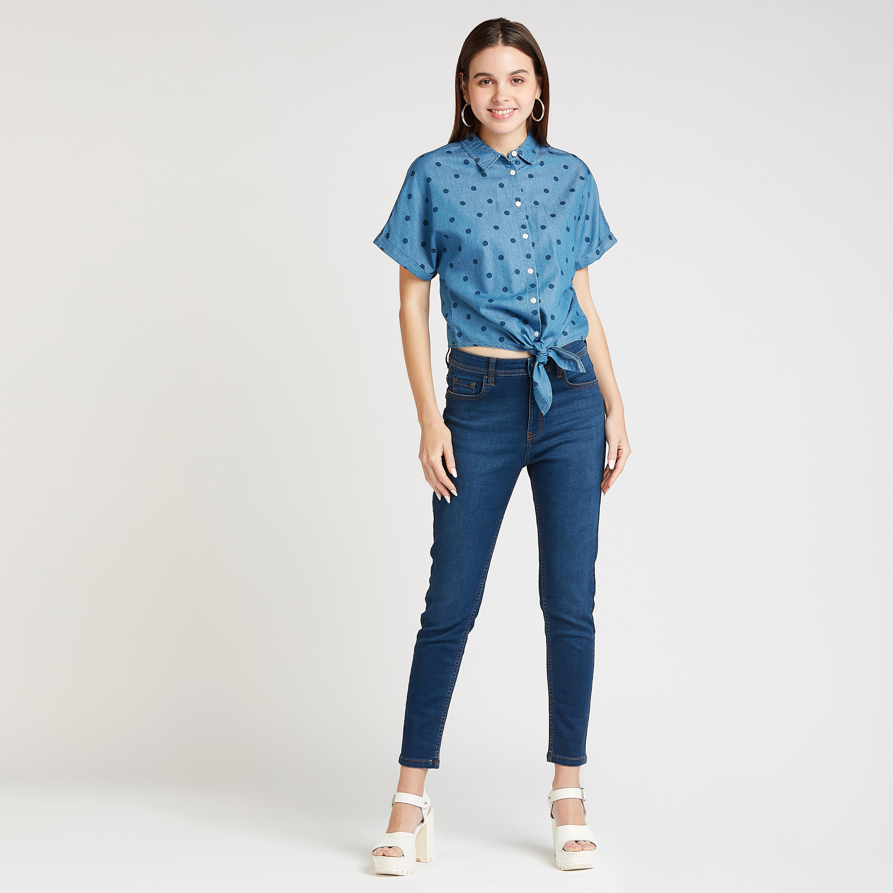 قميص بأكمام متصّلة وأربطة وطبعات منقّطة-women-clothing-shirtsandblouses-shirts-image-2