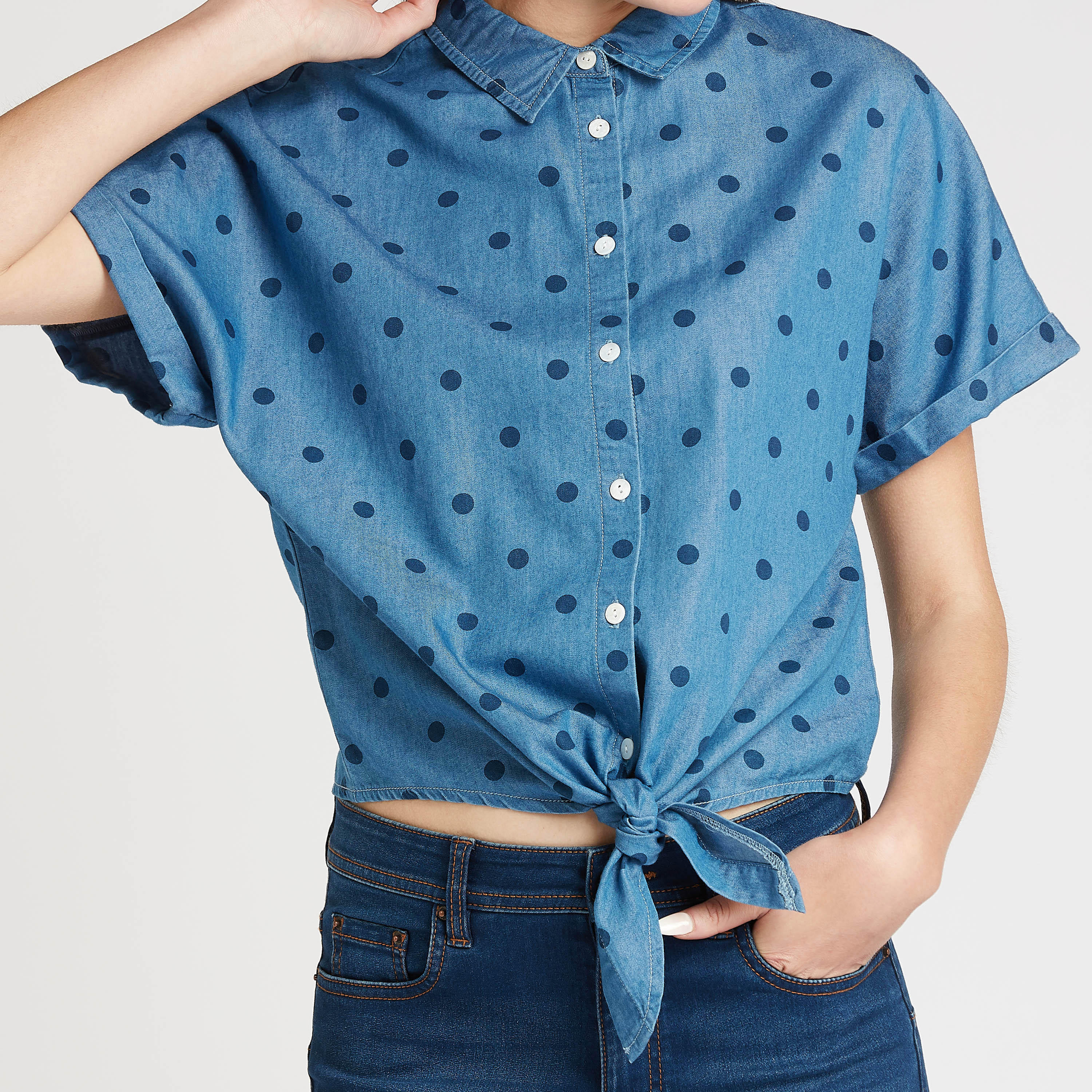 قميص بأكمام متصّلة وأربطة وطبعات منقّطة-women-clothing-shirtsandblouses-shirts-image-3