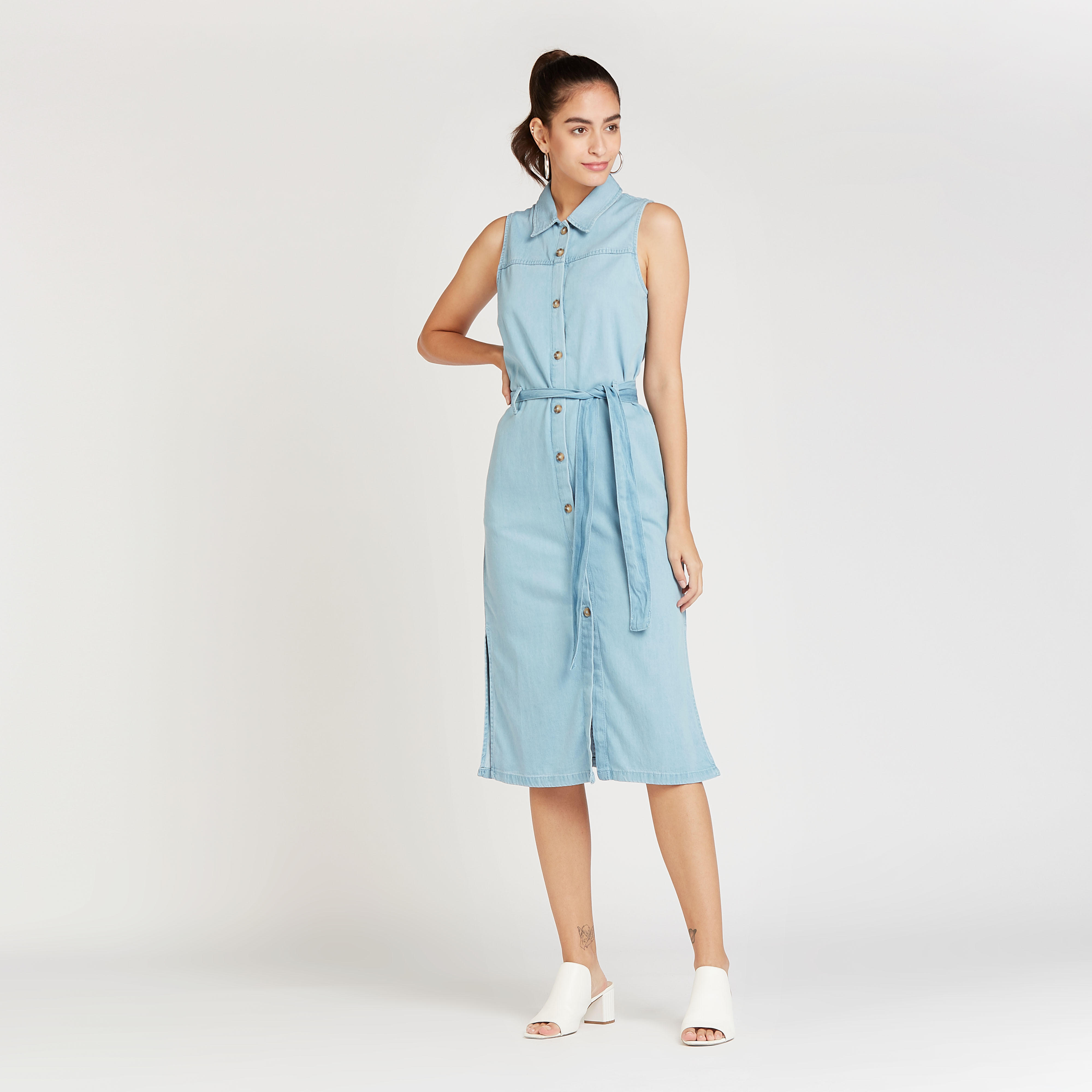 Solid Sleeveless Midi Shirt Dress with Tie Ups and Side Slit-women-clothing-dresses-image-1