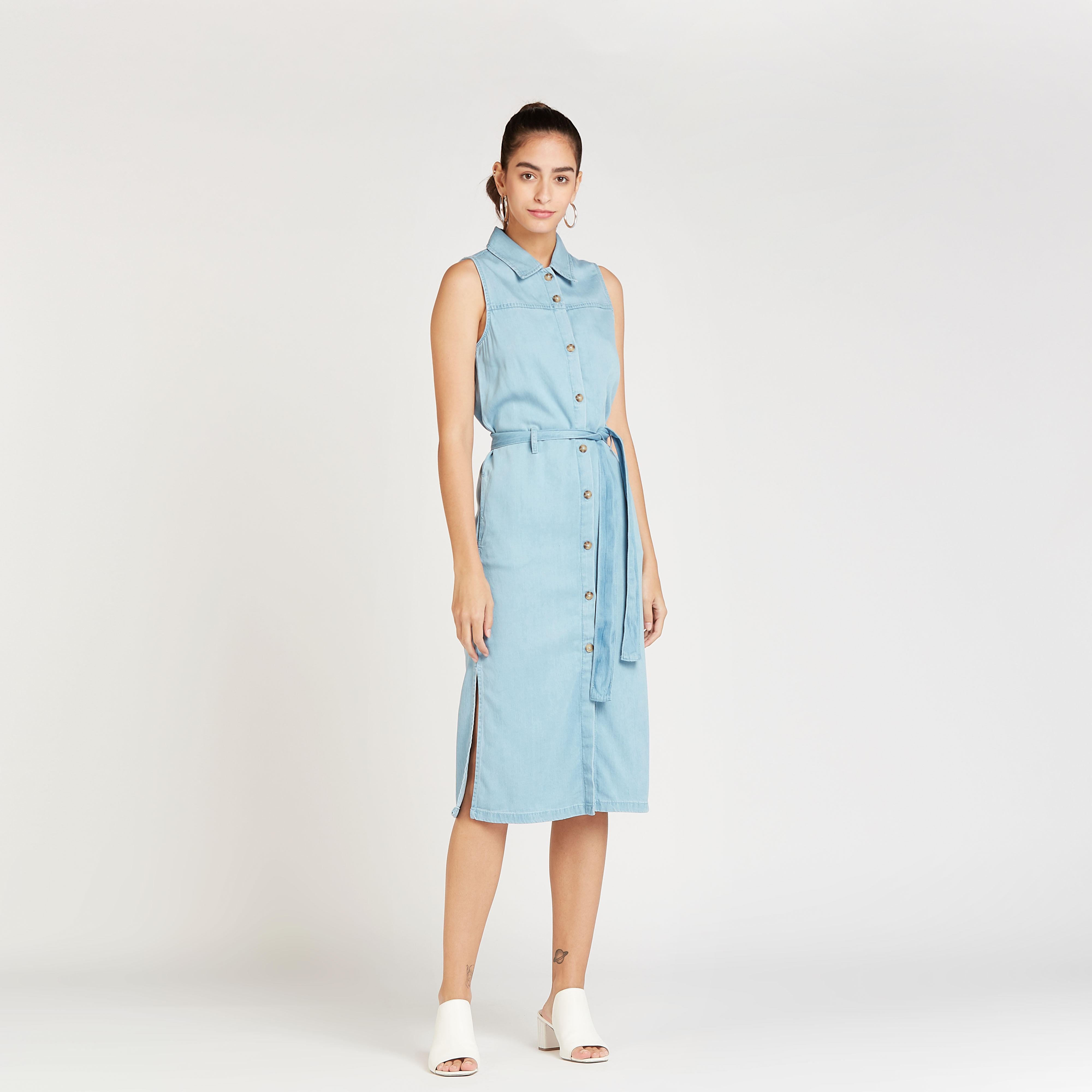 Solid Sleeveless Midi Shirt Dress with Tie Ups and Side Slit-women-clothing-dresses-image-2
