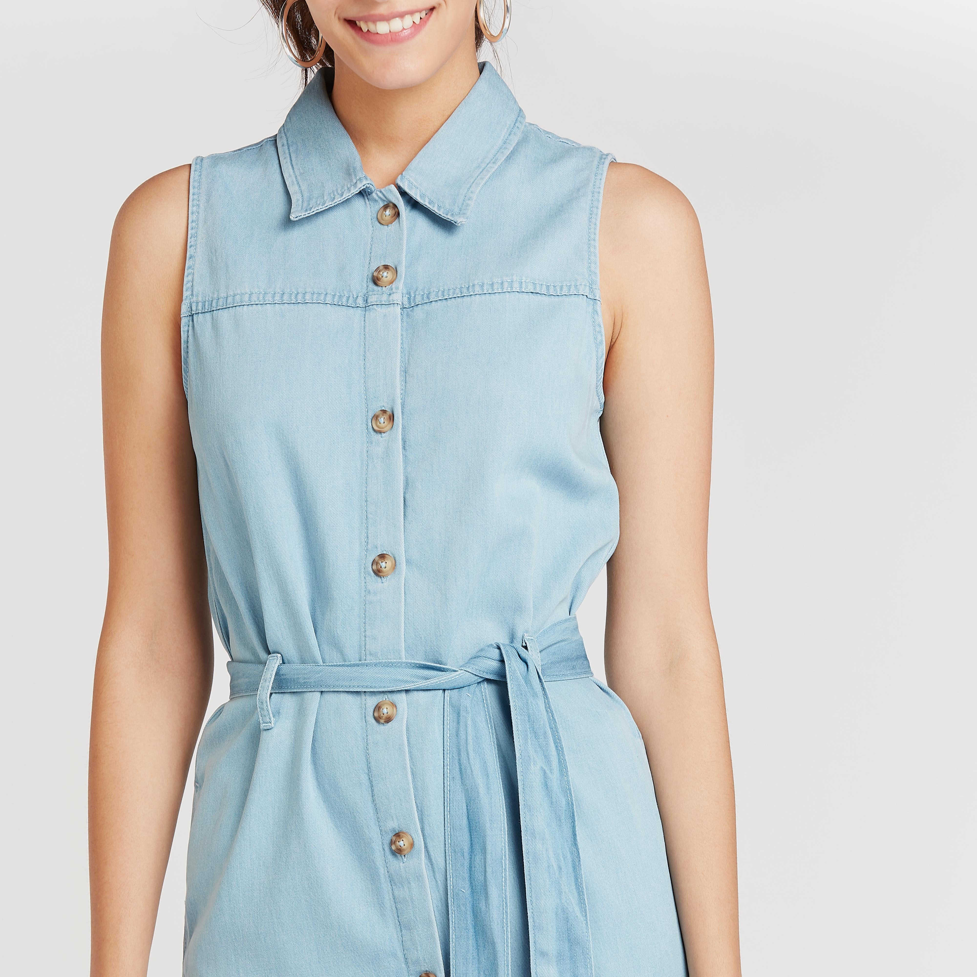 Solid Sleeveless Midi Shirt Dress with Tie Ups and Side Slit-women-clothing-dresses-image-3