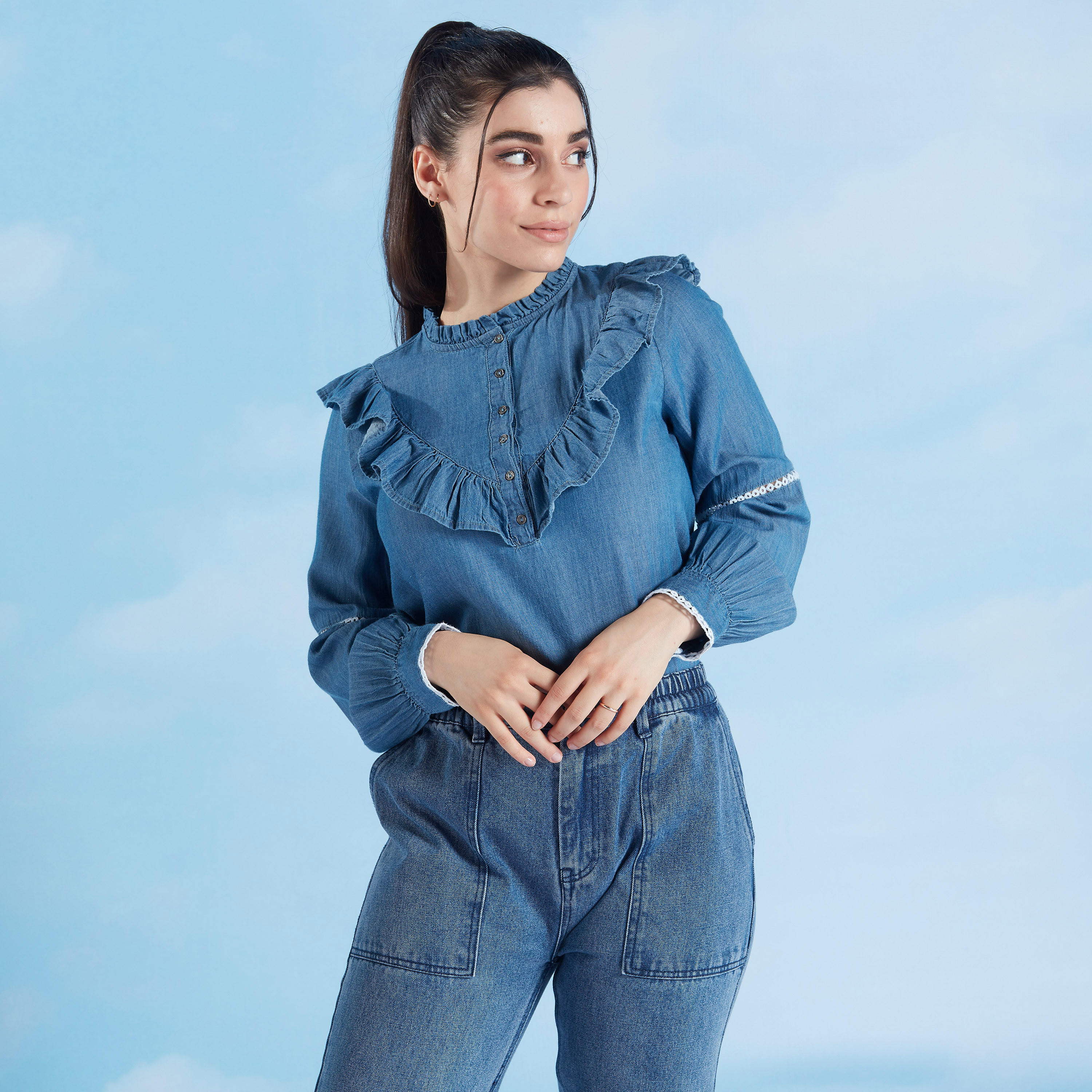 Denim Top with Mandarin Collar and Long Sleeves-women-clothing-shirtsandblouses-blouses-image-1