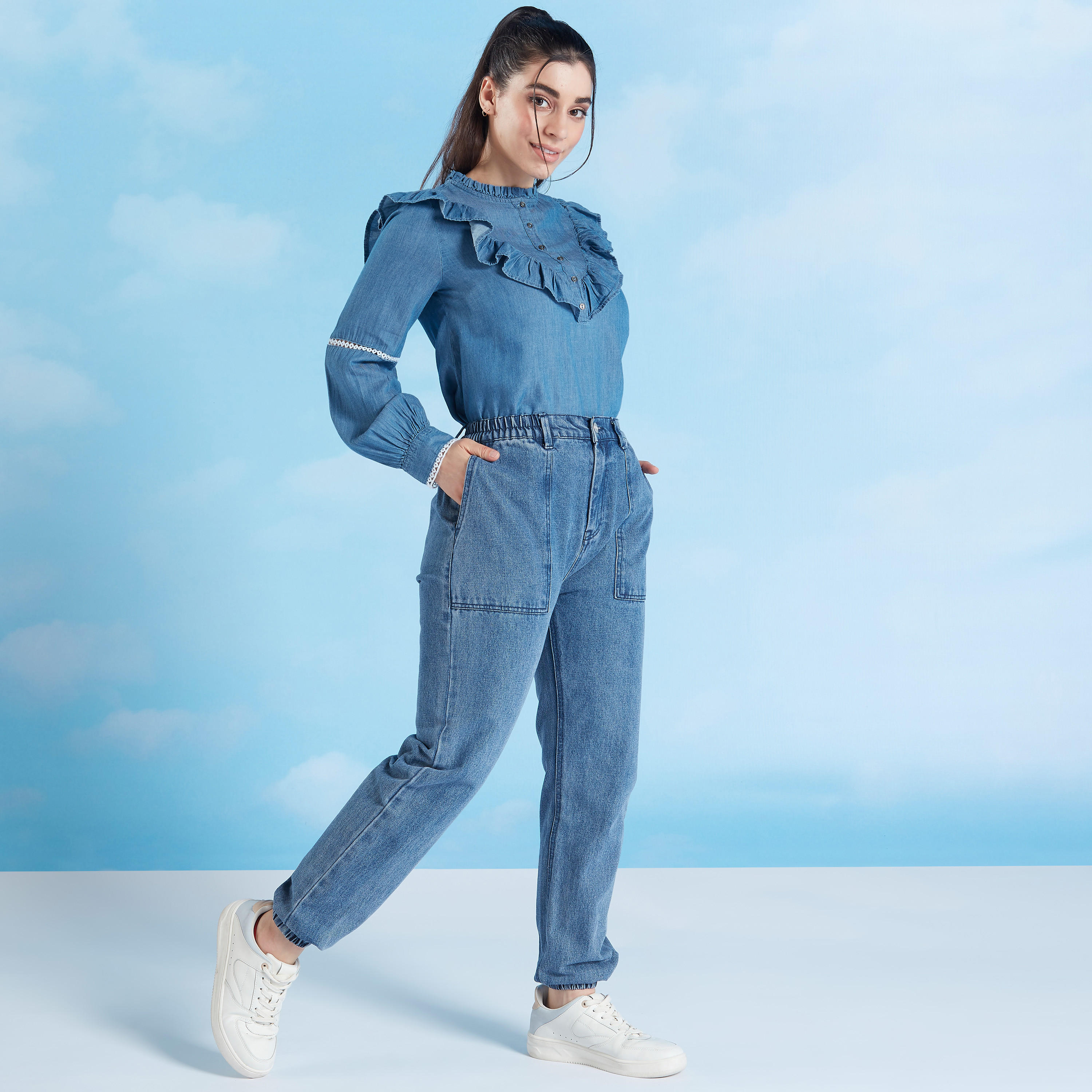 Denim Top with Mandarin Collar and Long Sleeves-women-clothing-shirtsandblouses-blouses-image-2