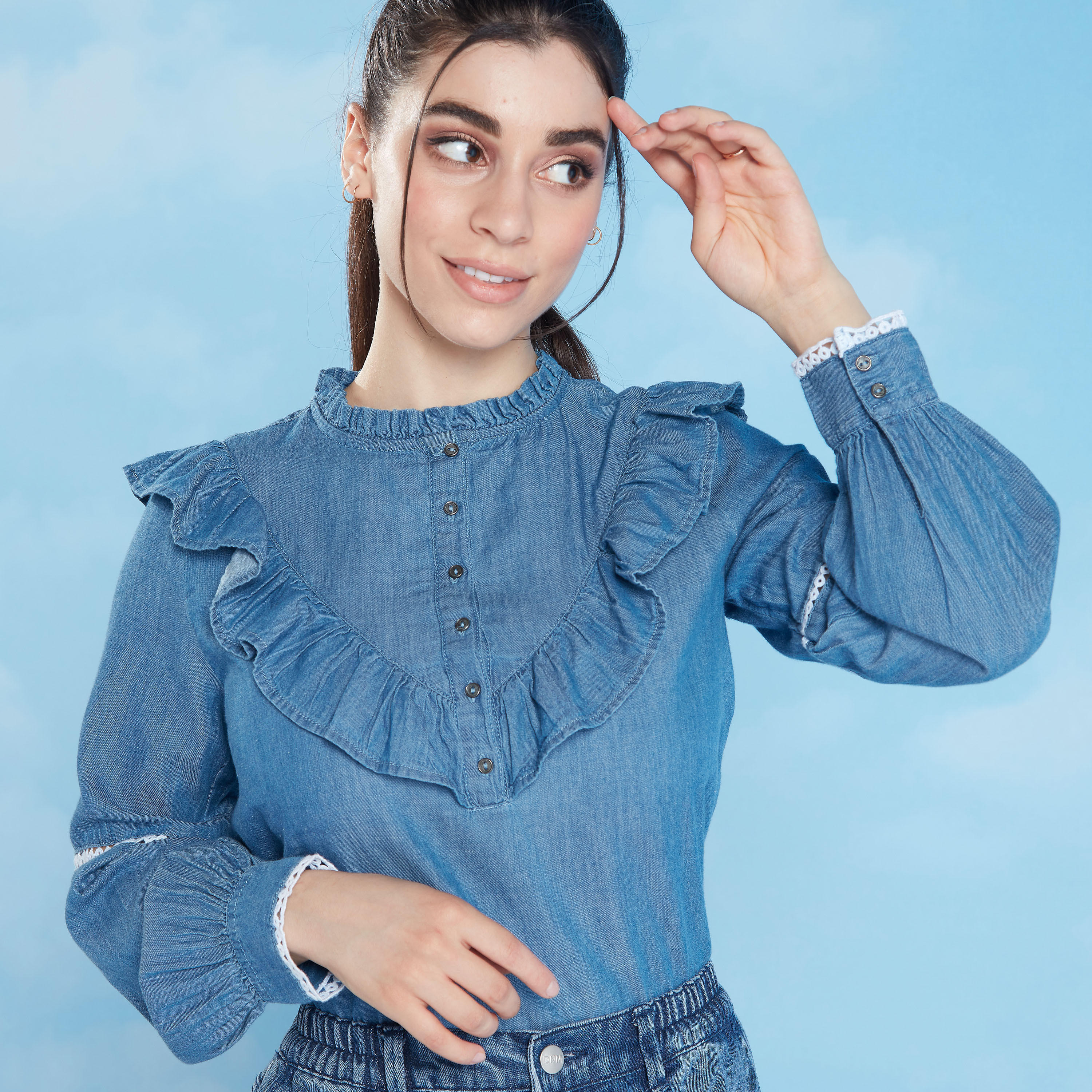 Denim Top with Mandarin Collar and Long Sleeves-women-clothing-shirtsandblouses-blouses-image-3