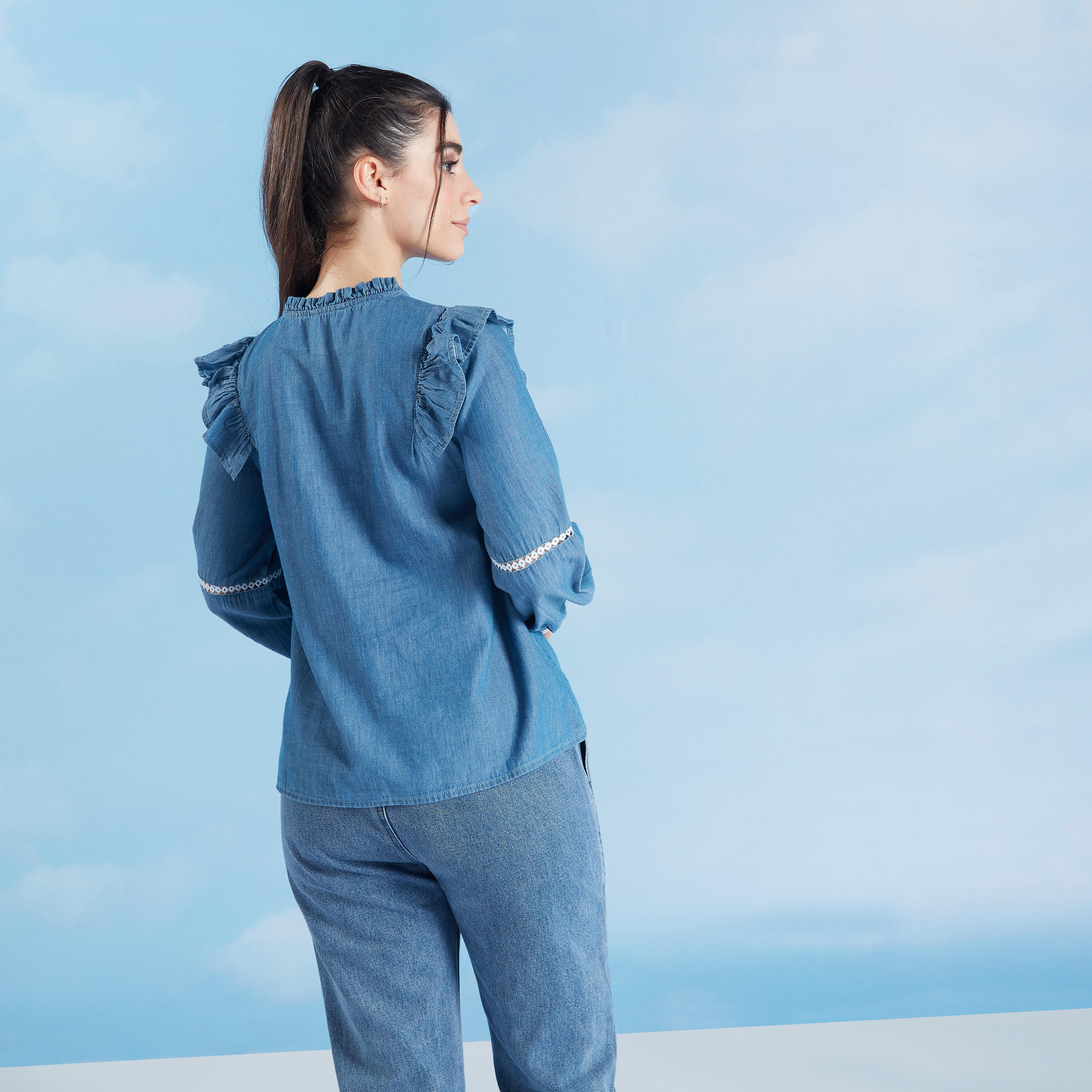 Denim Top with Mandarin Collar and Long Sleeves-women-clothing-shirtsandblouses-blouses-image-4