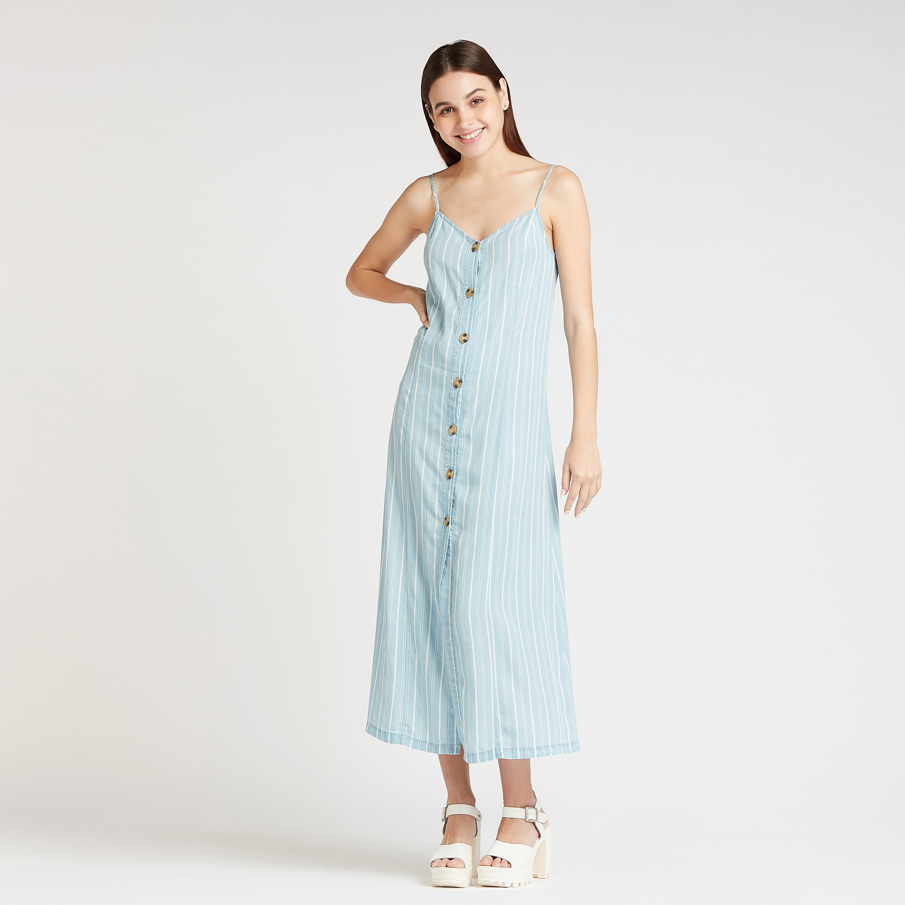 فستان ايه لاين ميدي مخطّط بتفاصل زر وحمّالات رفيعة-women-clothing-dresses-image-1