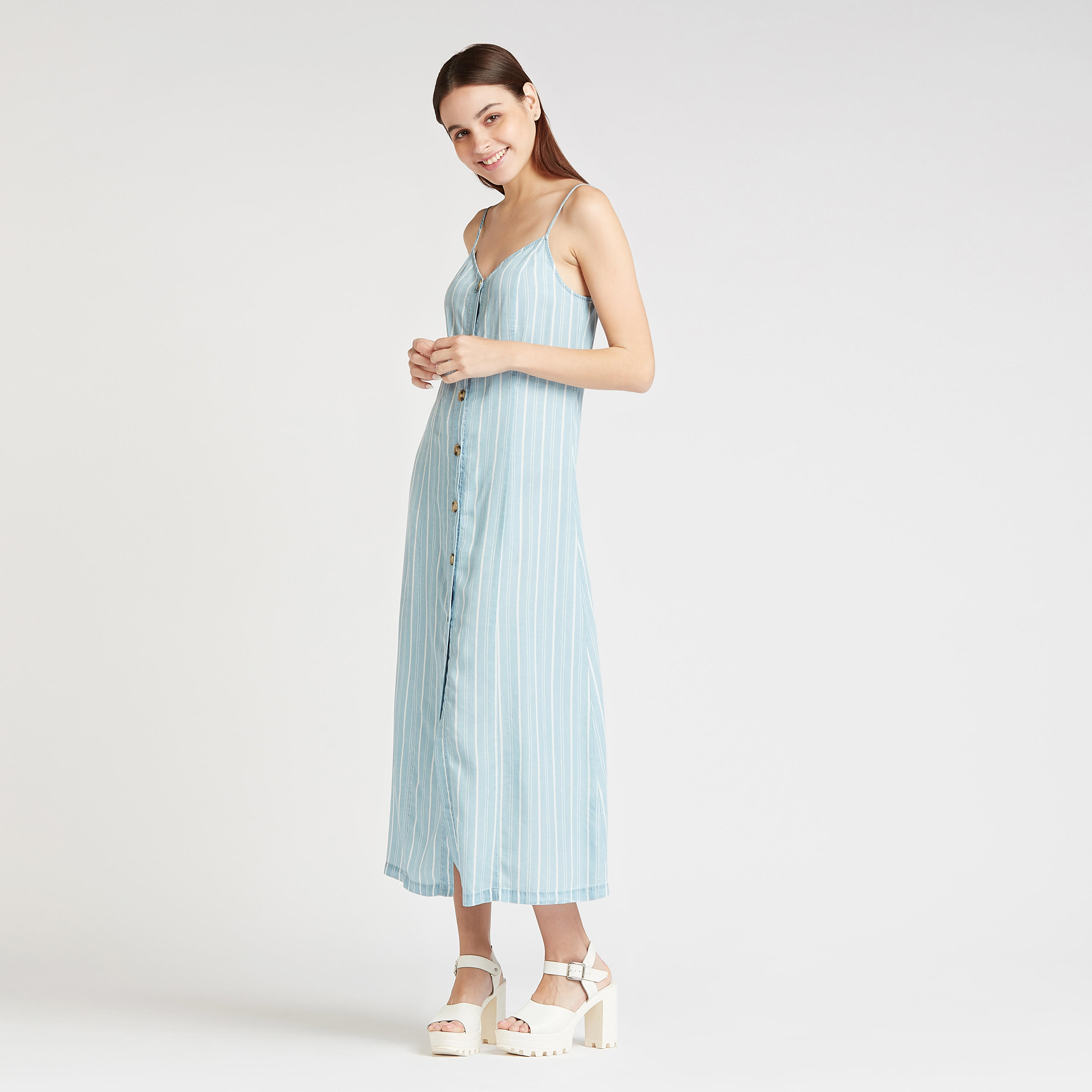 فستان ايه لاين ميدي مخطّط بتفاصل زر وحمّالات رفيعة-women-clothing-dresses-image-2