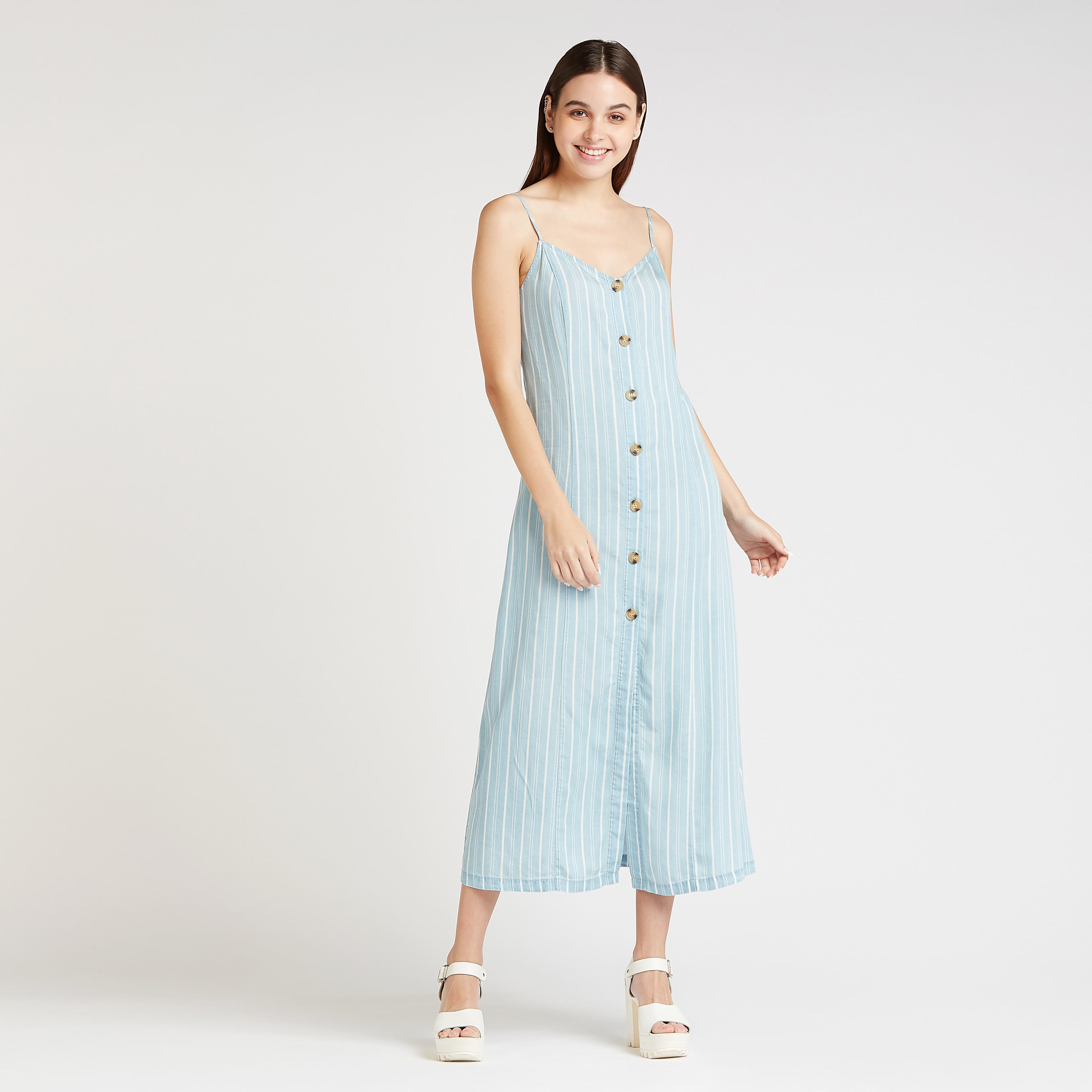 فستان ايه لاين ميدي مخطّط بتفاصل زر وحمّالات رفيعة-women-clothing-dresses-image-5