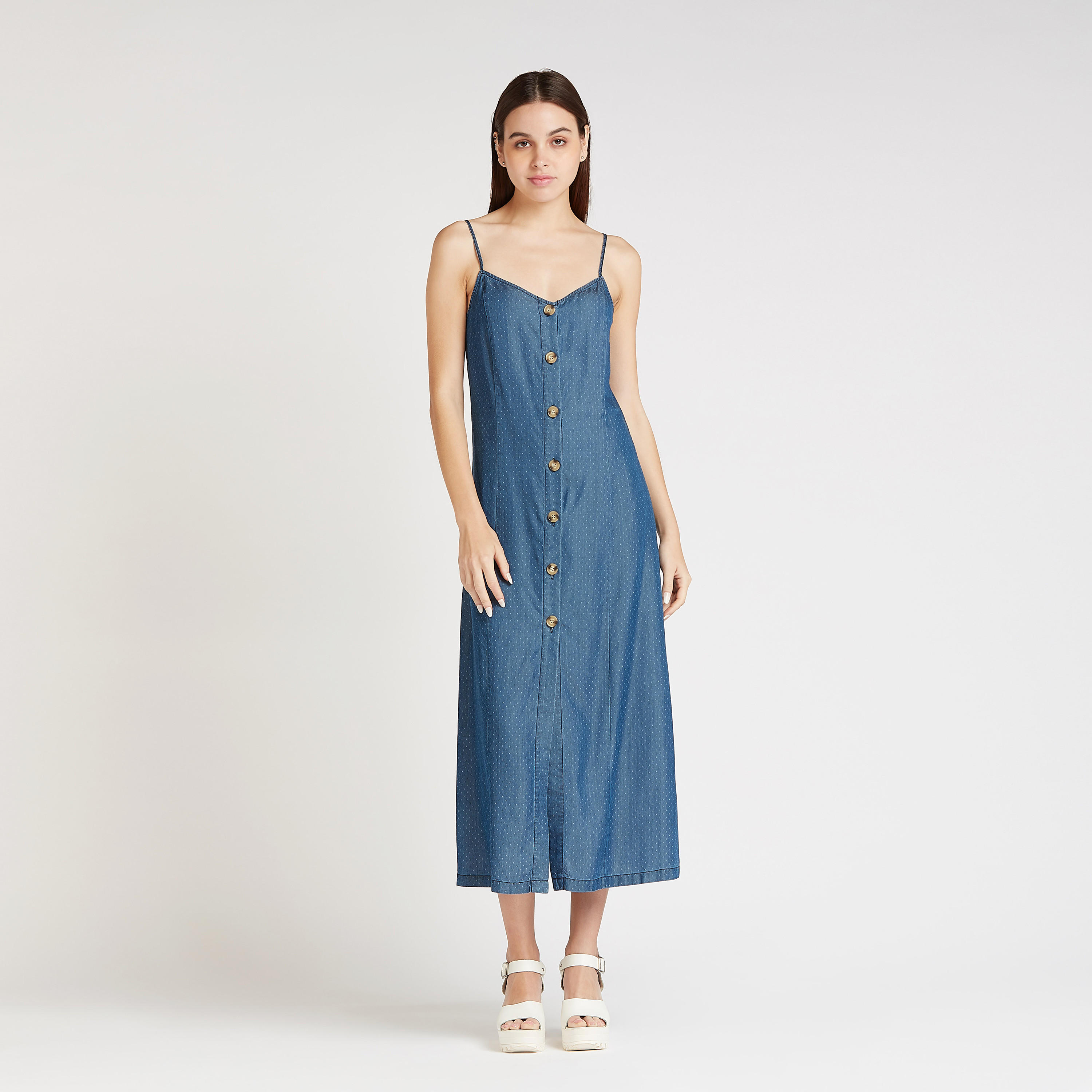 فستان ميدي ايه لاين منقّط بتفاصيل زر وحمّالات رفيعة-women-clothing-dresses-image-2