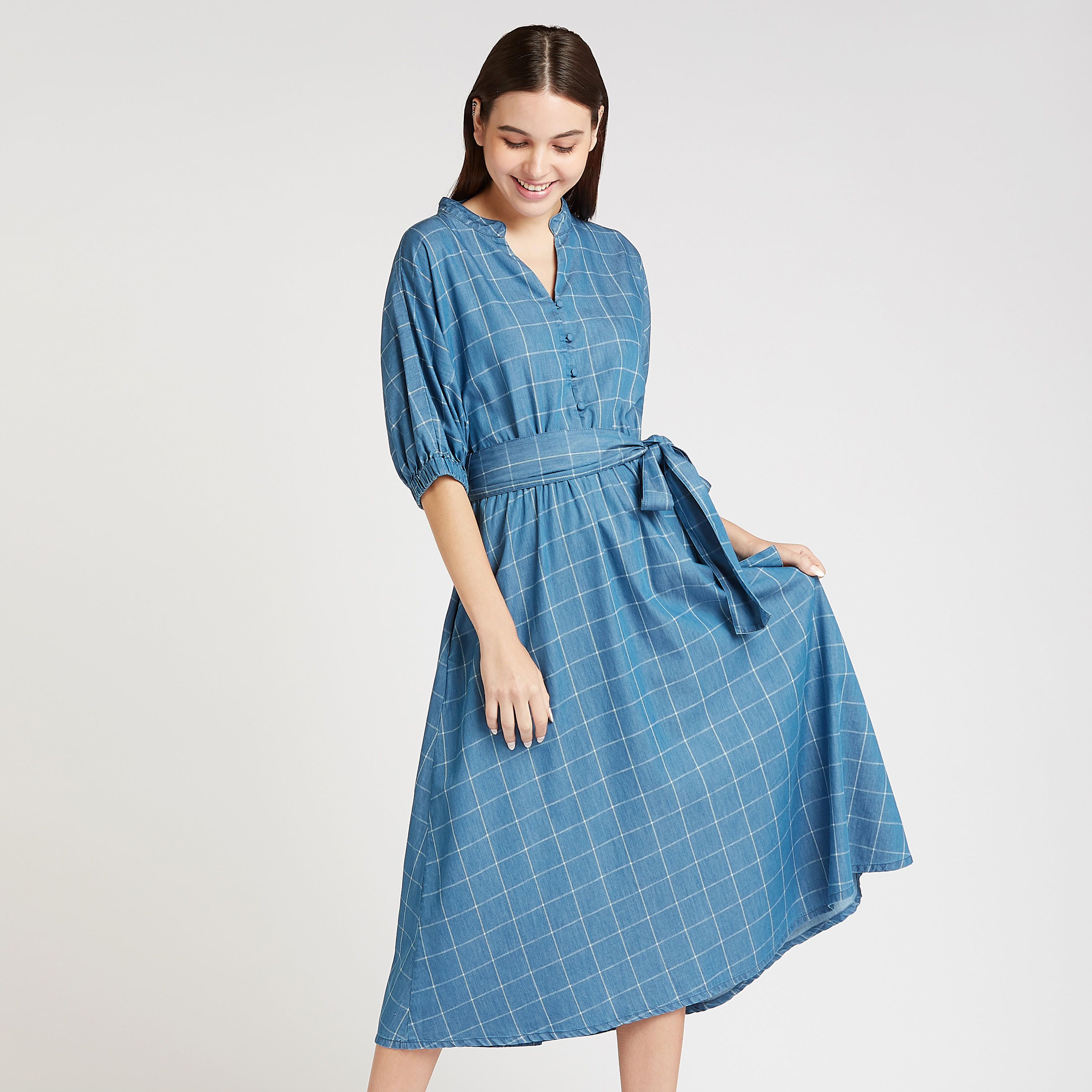 فستان كاروهات إيه لاين ميدي بأكمام 3/4 وأربطة-women-clothing-dresses-image-1