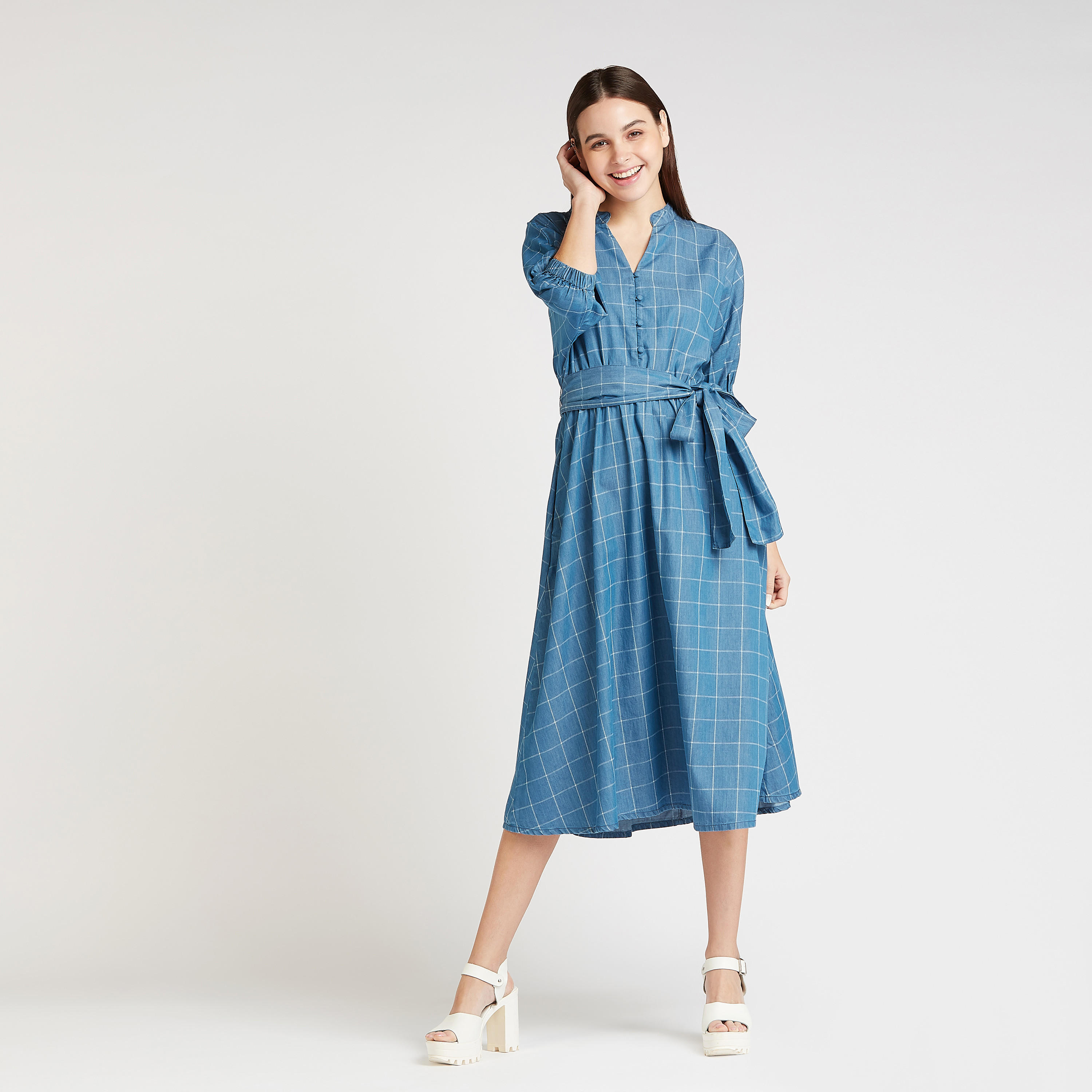 فستان كاروهات إيه لاين ميدي بأكمام 3/4 وأربطة-women-clothing-dresses-image-2