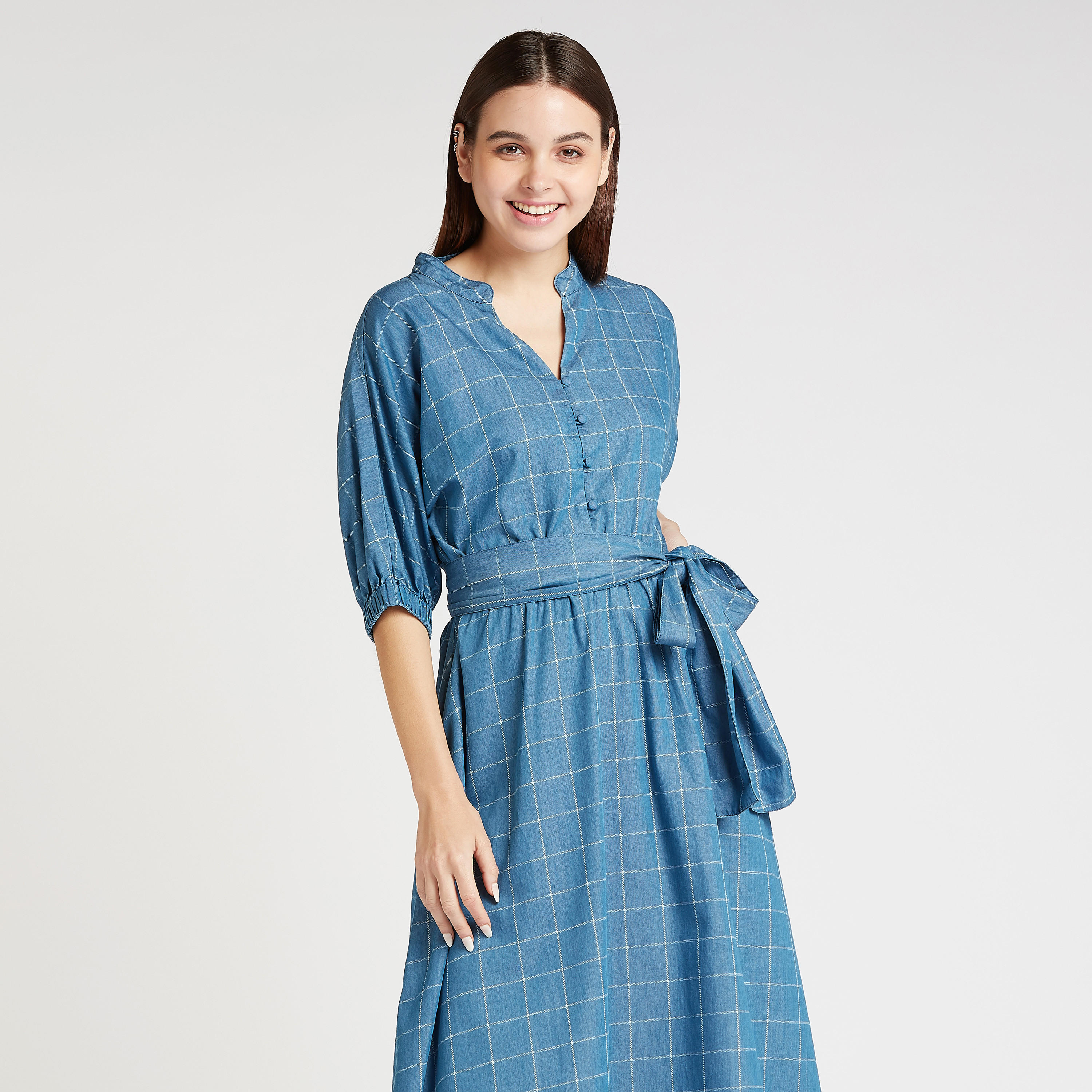 فستان كاروهات إيه لاين ميدي بأكمام 3/4 وأربطة-women-clothing-dresses-image-3