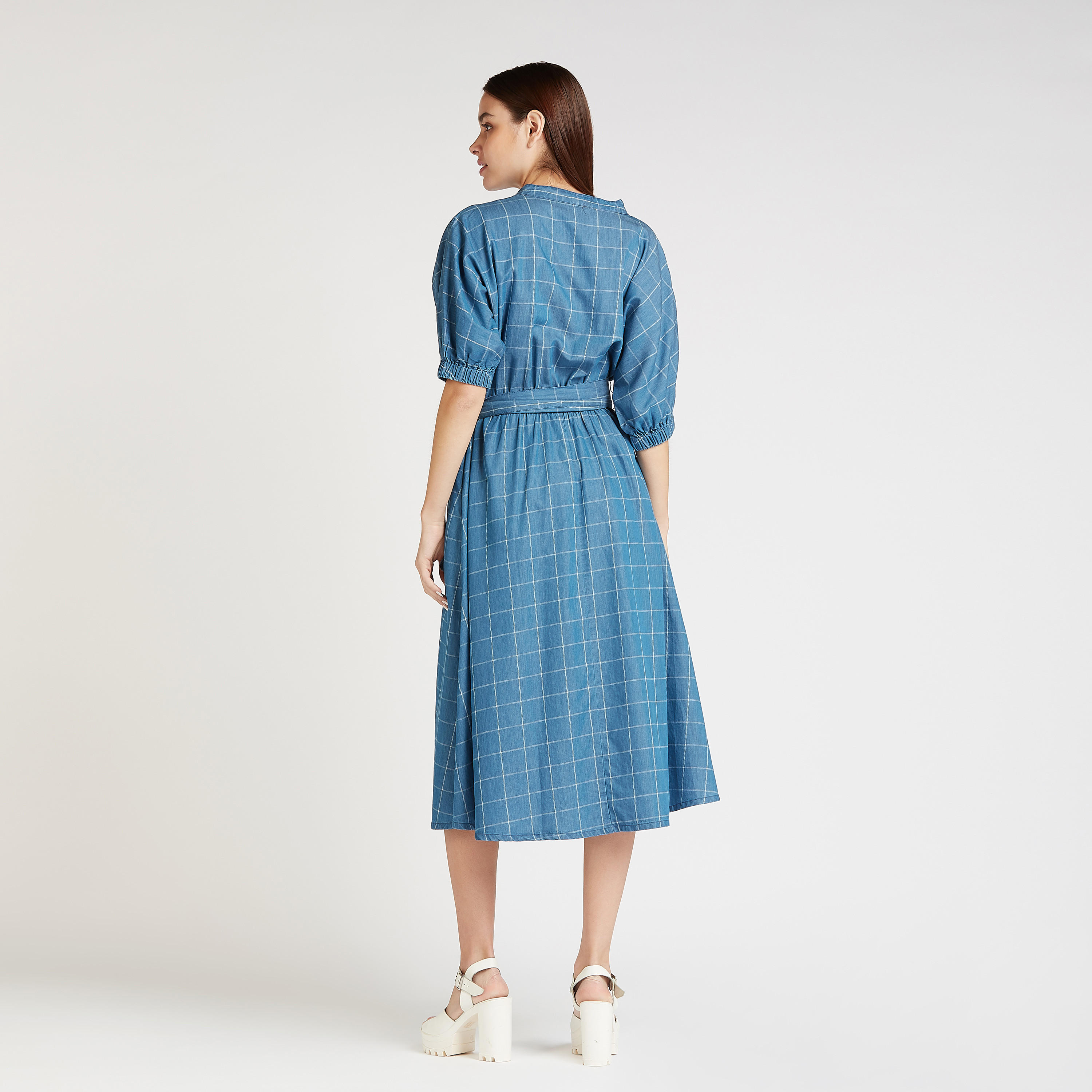فستان كاروهات إيه لاين ميدي بأكمام 3/4 وأربطة-women-clothing-dresses-image-4