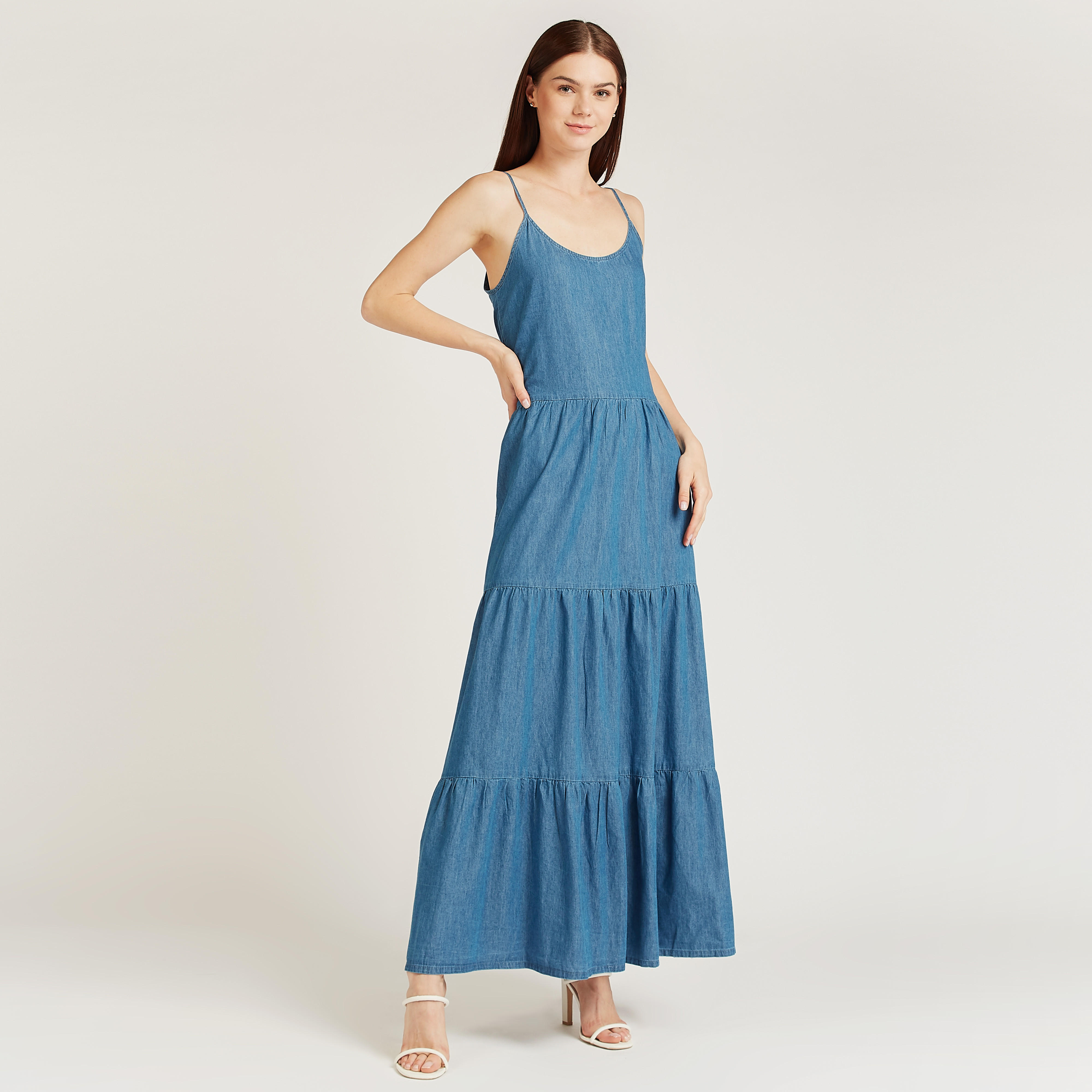 فستان دنيم طويل ايه لاين دون أكمام بياقة ضيّقة-women-clothing-dresses-image-1