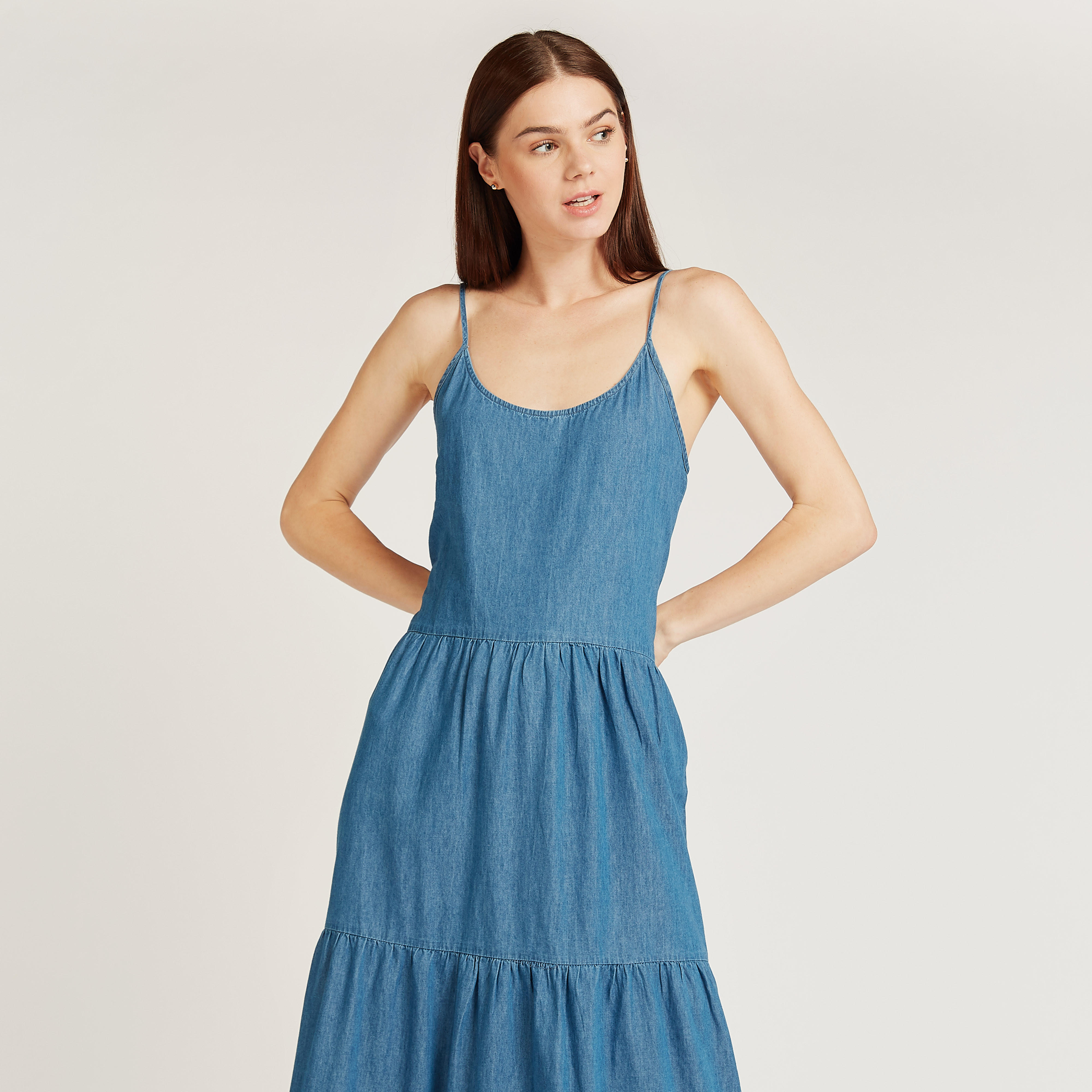 فستان دنيم طويل ايه لاين دون أكمام بياقة ضيّقة-women-clothing-dresses-image-2
