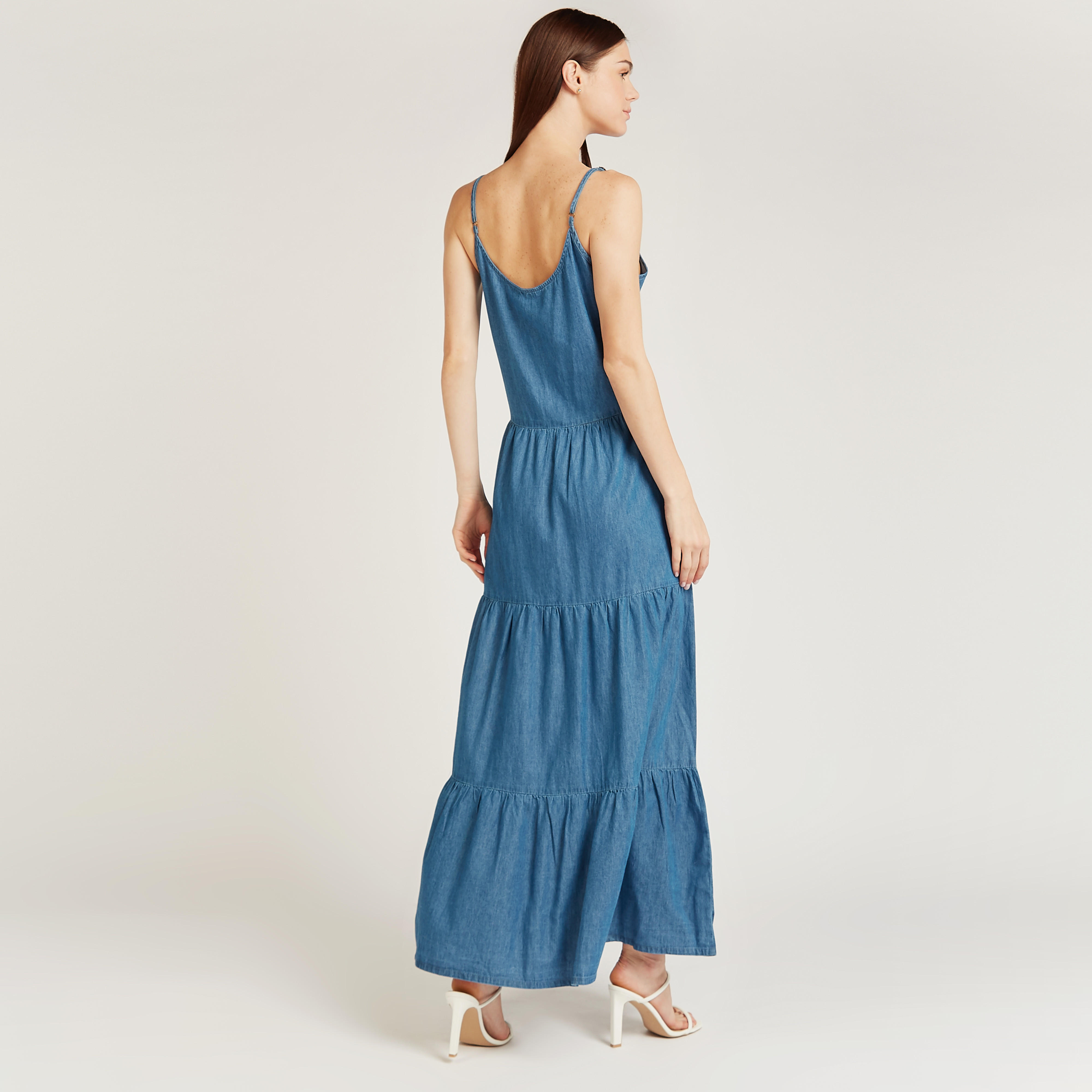 فستان دنيم طويل ايه لاين دون أكمام بياقة ضيّقة-women-clothing-dresses-image-3
