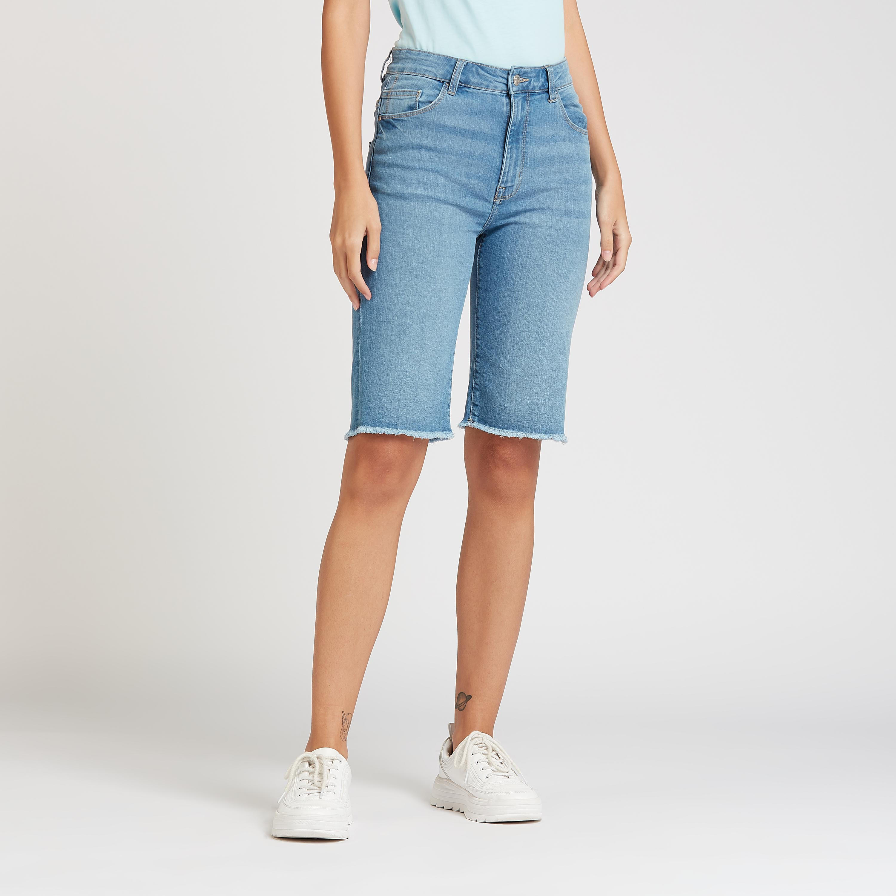 Denim Mid-Rise Shorts with Pocket Detail and Frayed Grazers-women-clothing-bottoms-shorts-image-1