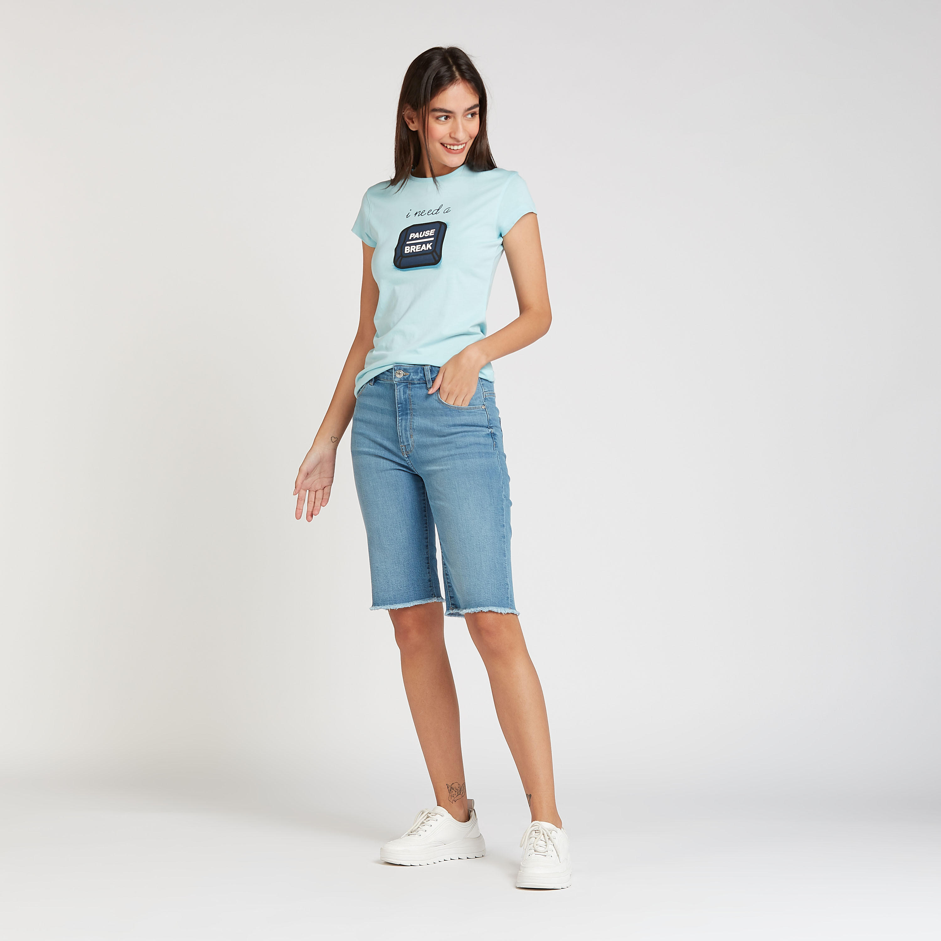 Denim Mid-Rise Shorts with Pocket Detail and Frayed Grazers-women-clothing-bottoms-shorts-image-2