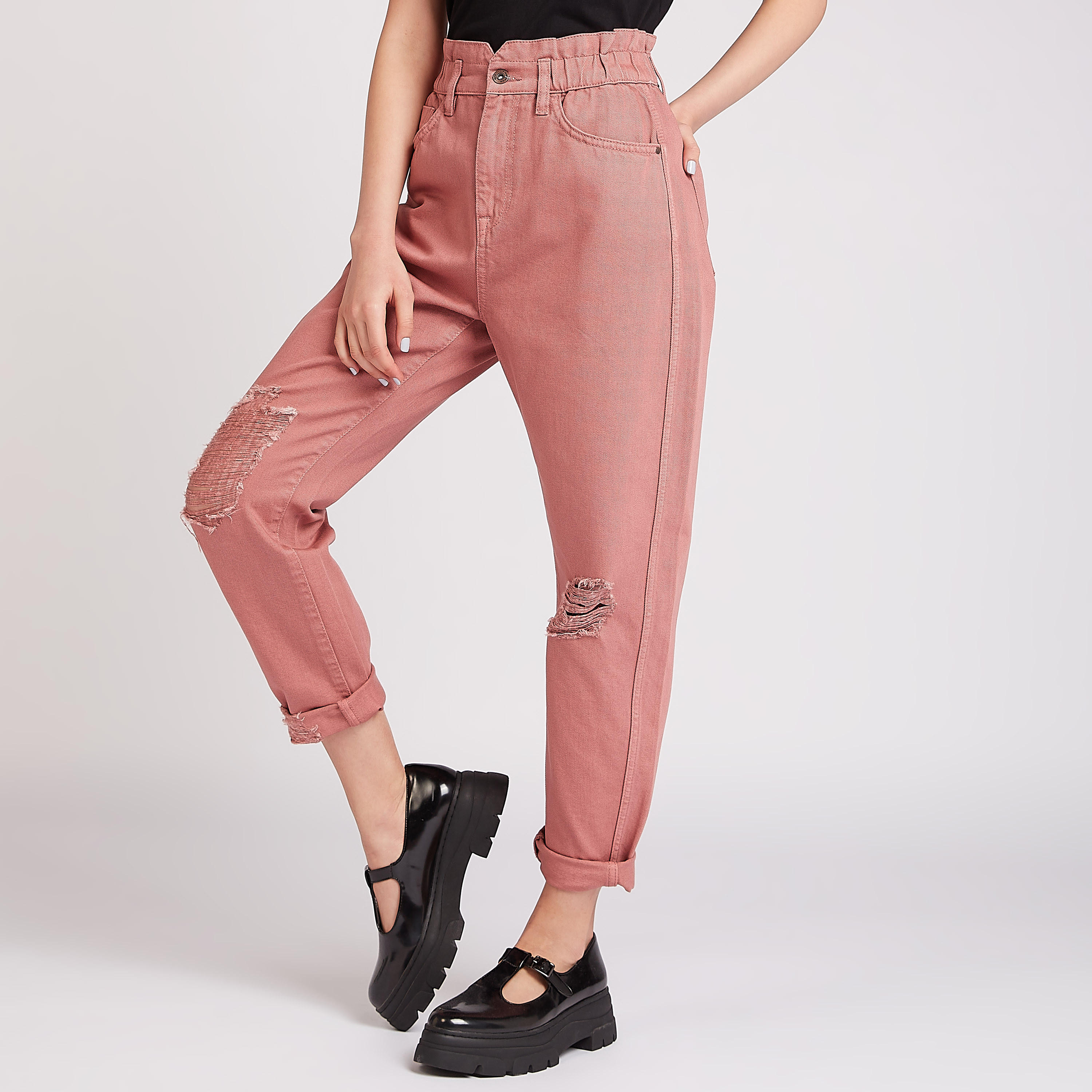 بنطلون سادة بخصر متوسّط الارتفاع بتفاصيل جيوب وعراوي-women-clothing-bottoms-jeans-image-1