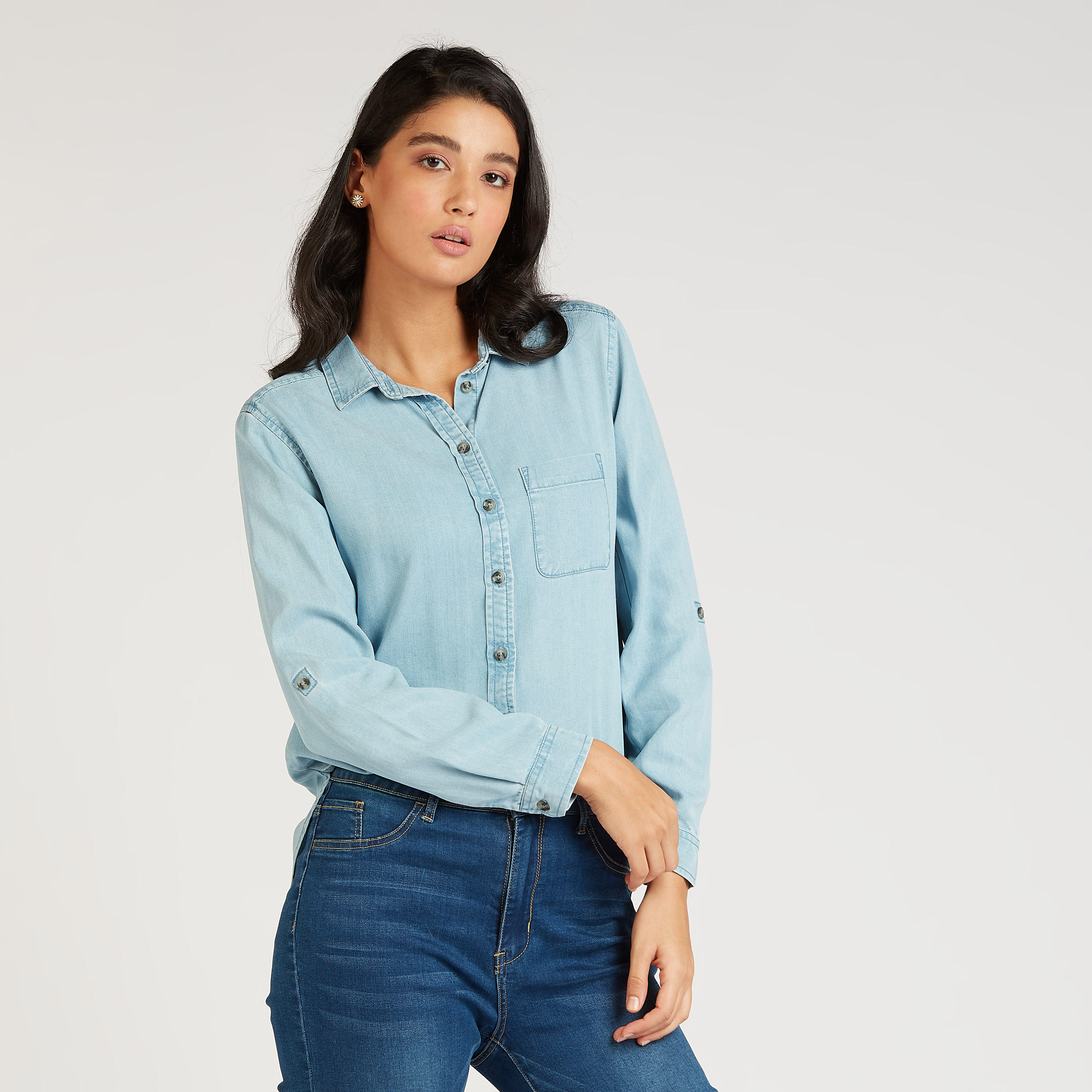Sustainable Collared Denim Shirt with Long Sleeves-women-clothing-shirtsandblouses-shirts-image-1