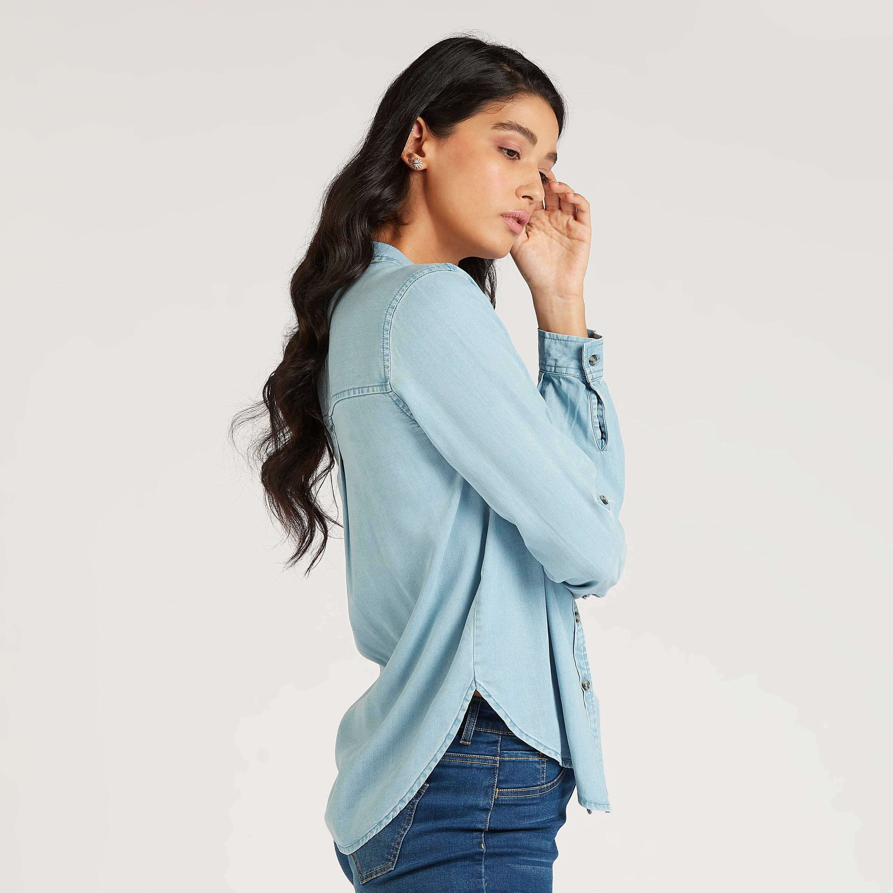 Sustainable Collared Denim Shirt with Long Sleeves-women-clothing-shirtsandblouses-shirts-image-6