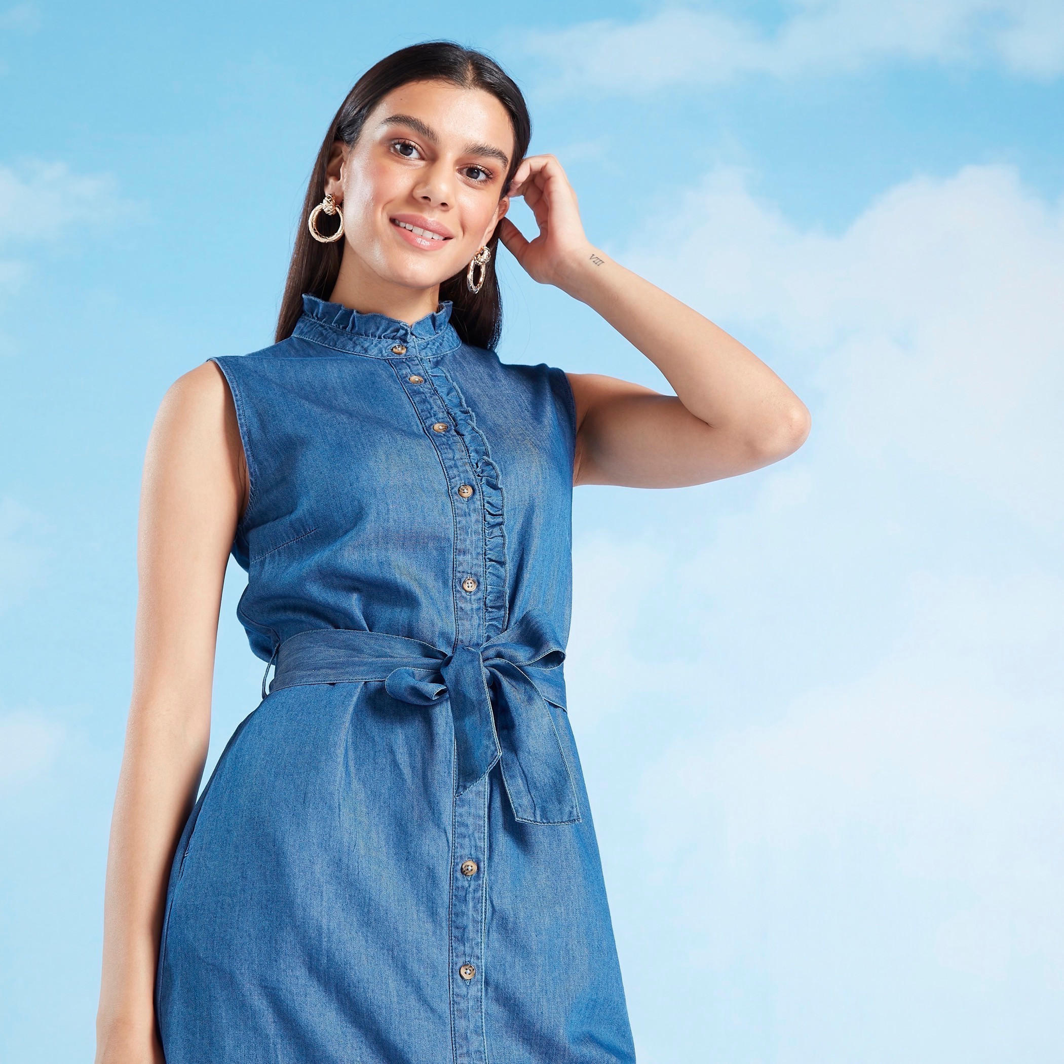 فستان قميص مستدام قصير مكشكش بدون أكمام مع أربطة-women-clothing-dresses-image-6