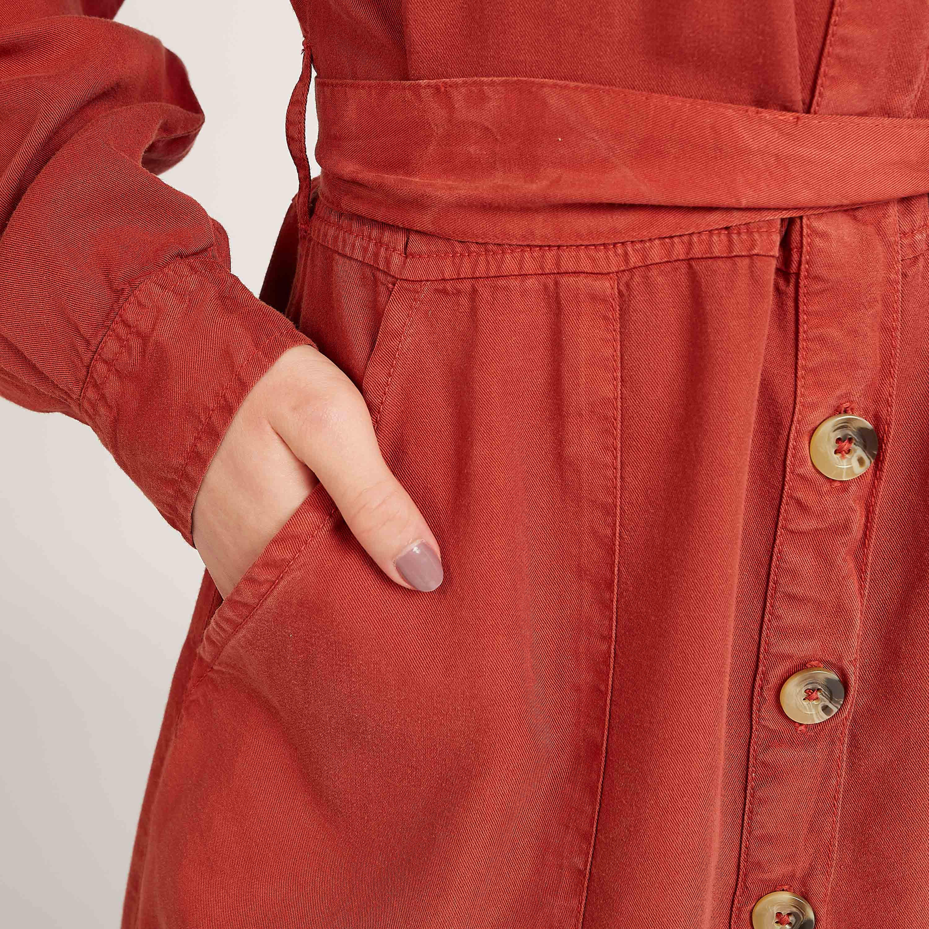 فستان قميص ميدي سادة بأكمام طويلة وأربطة-women-clothing-dresses-image-3
