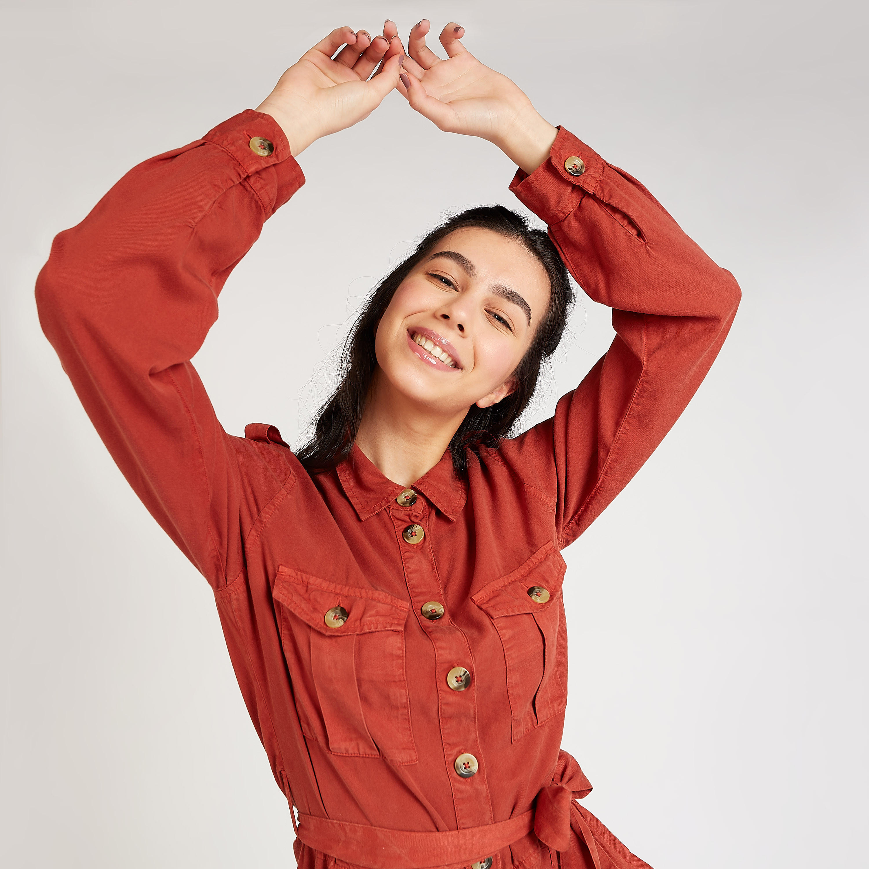 فستان قميص ميدي سادة بأكمام طويلة وأربطة-women-clothing-dresses-image-6