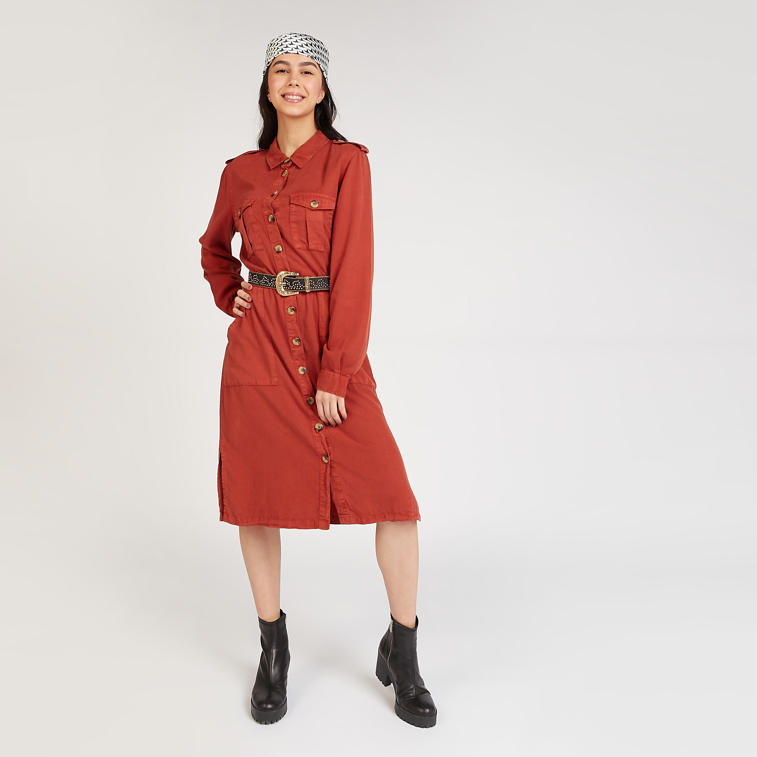 فستان قميص ميدي سادة بأكمام طويلة وأربطة-women-clothing-dresses-image-7