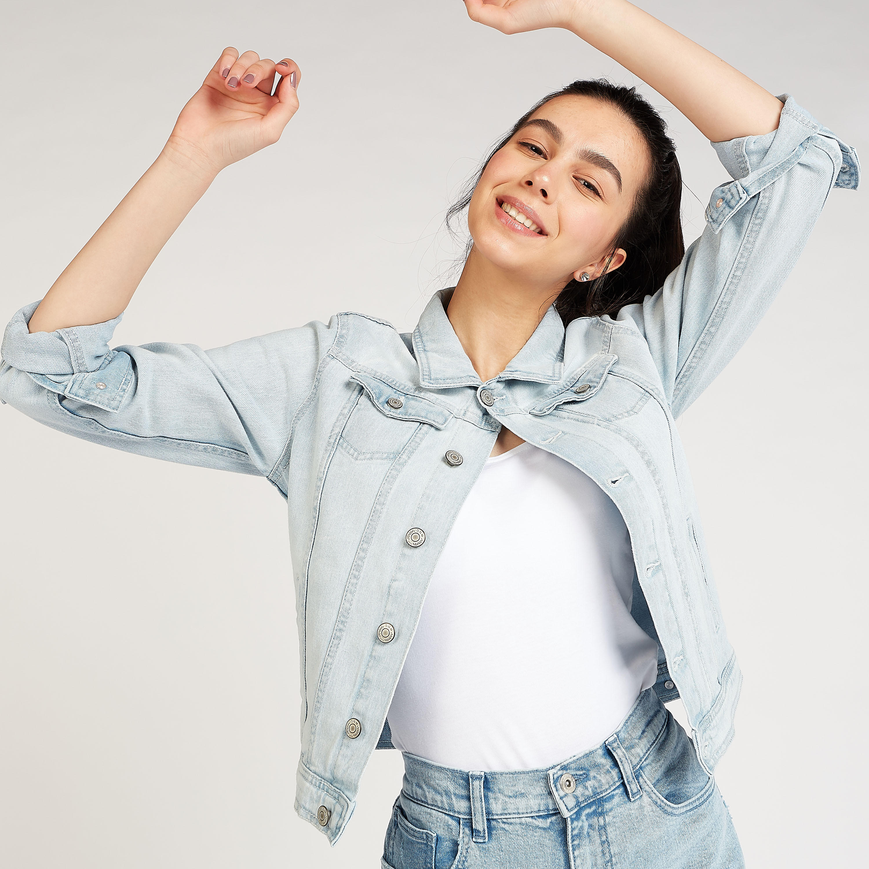 Solid Denim Jacket with Long Sleeves and Flap Pocket-women-winterwear-coatsandjackets-jackets-image-1