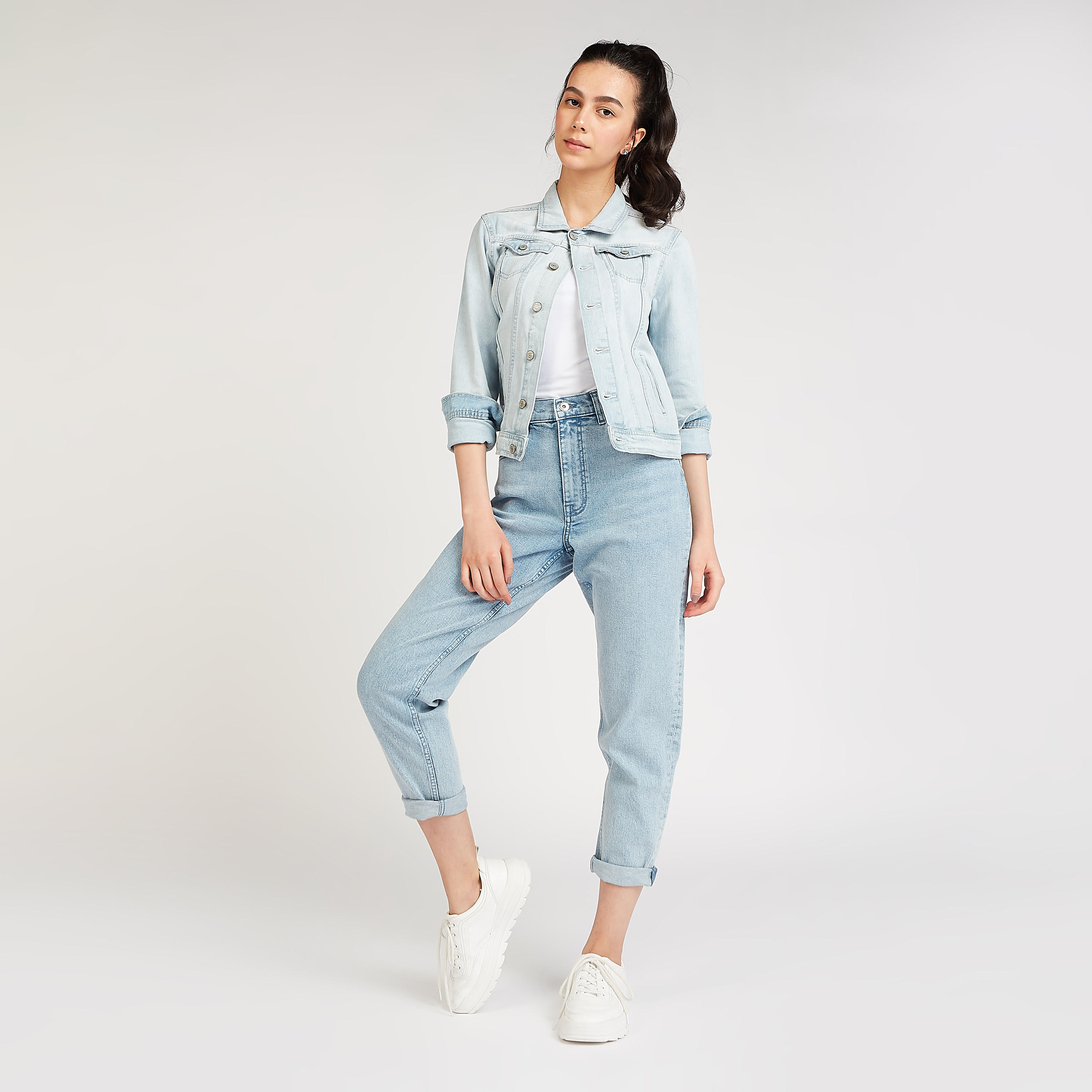 Solid Denim Jacket with Long Sleeves and Flap Pocket-women-winterwear-coatsandjackets-jackets-image-2