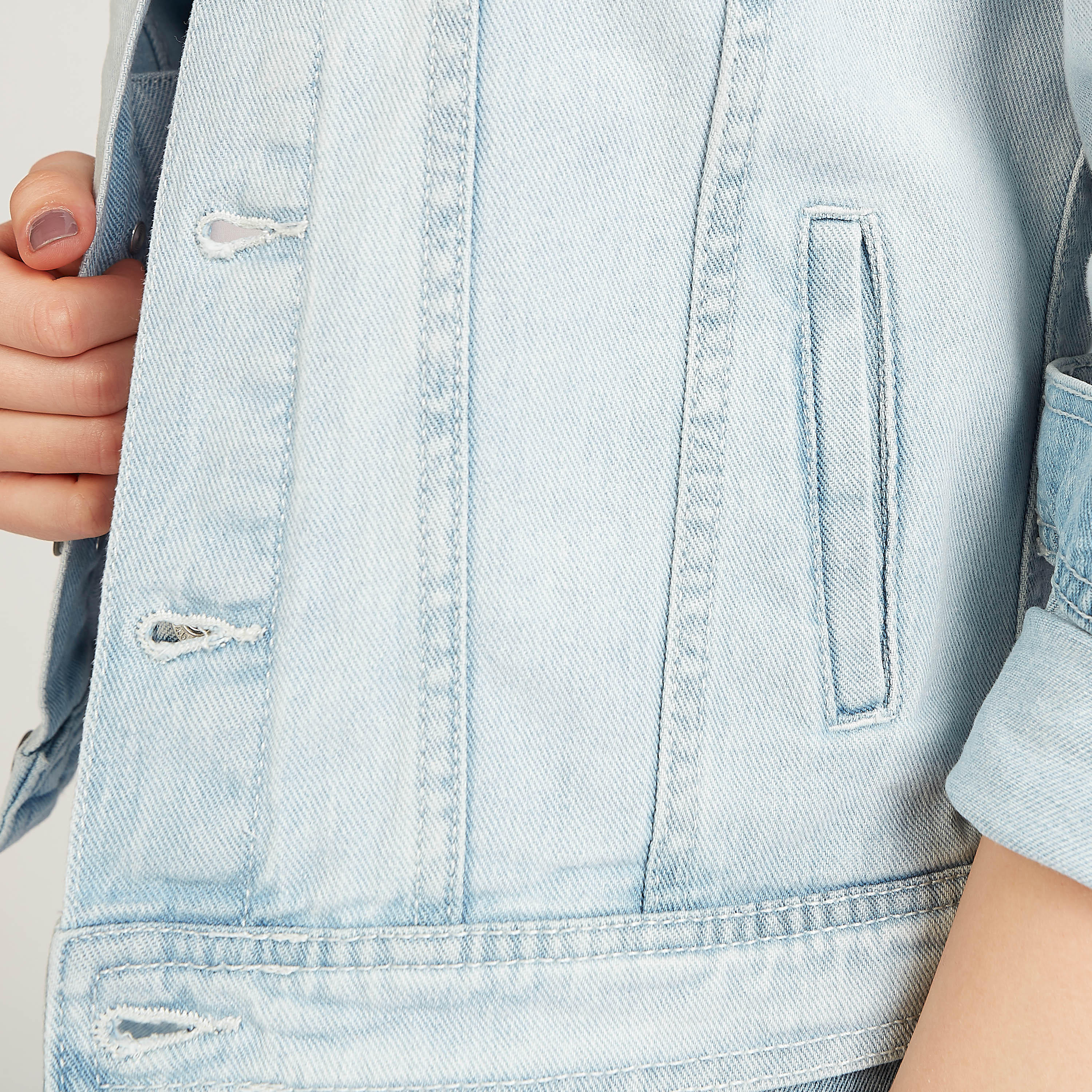 Solid Denim Jacket with Long Sleeves and Flap Pocket-women-winterwear-coatsandjackets-jackets-image-7