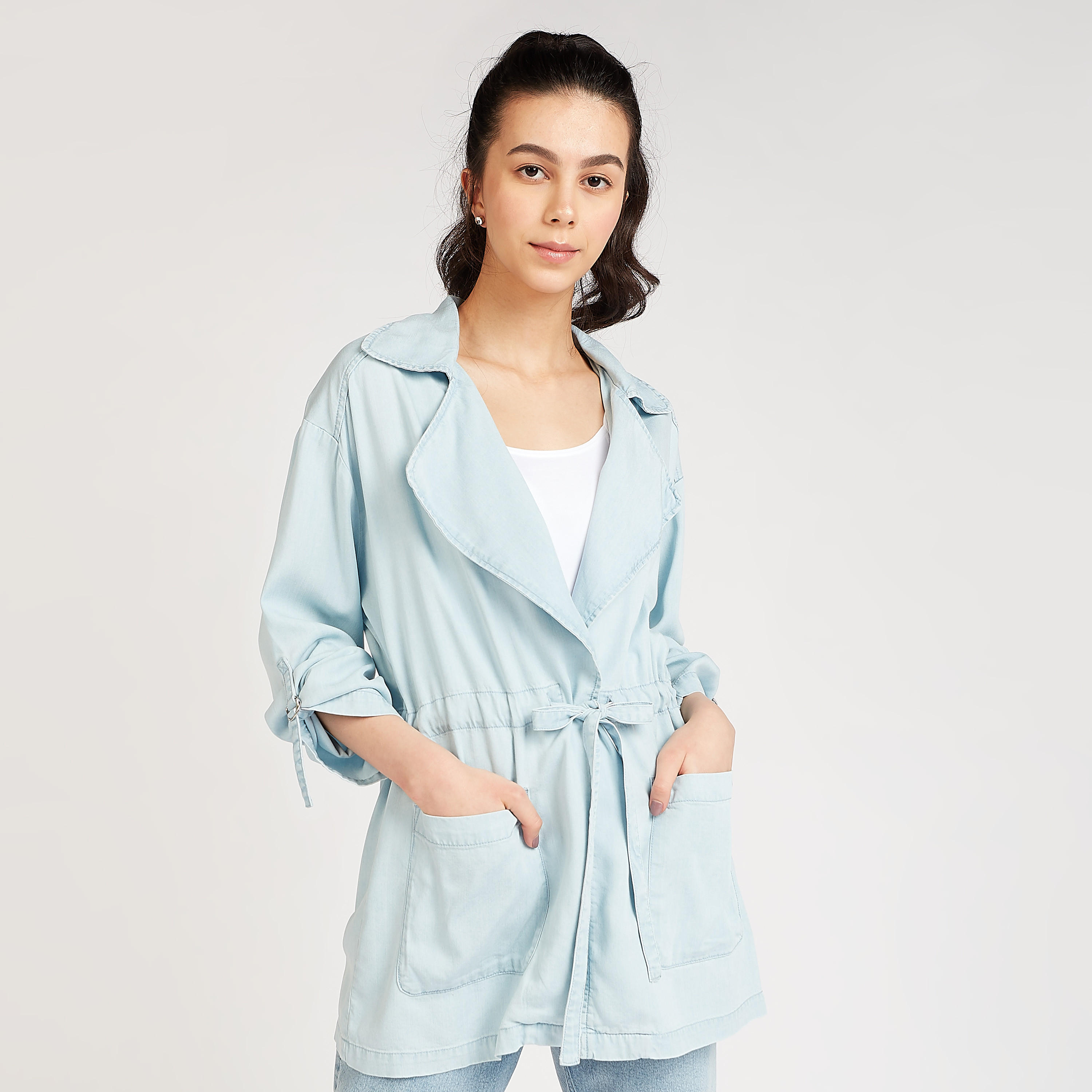 Solid Longline Denim Jacket with Long Sleeves and Tie Ups-women-winterwear-coatsandjackets-jackets-image-1