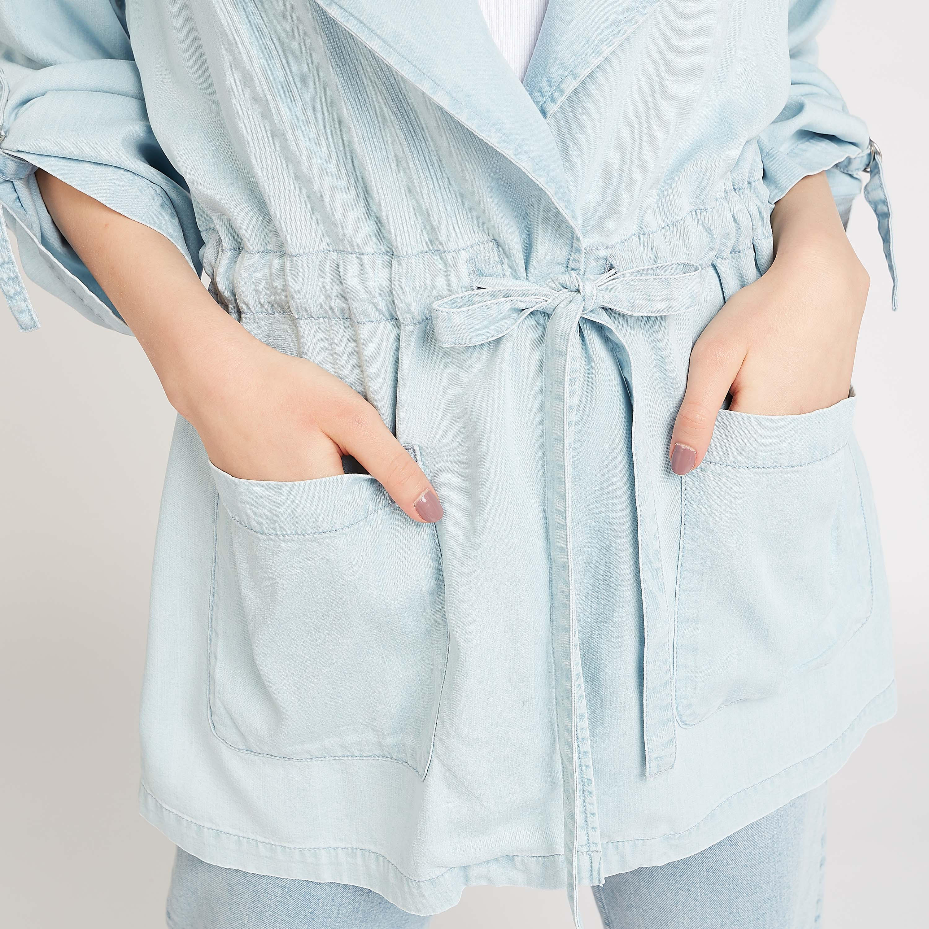 Solid Longline Denim Jacket with Long Sleeves and Tie Ups-women-winterwear-coatsandjackets-jackets-image-5