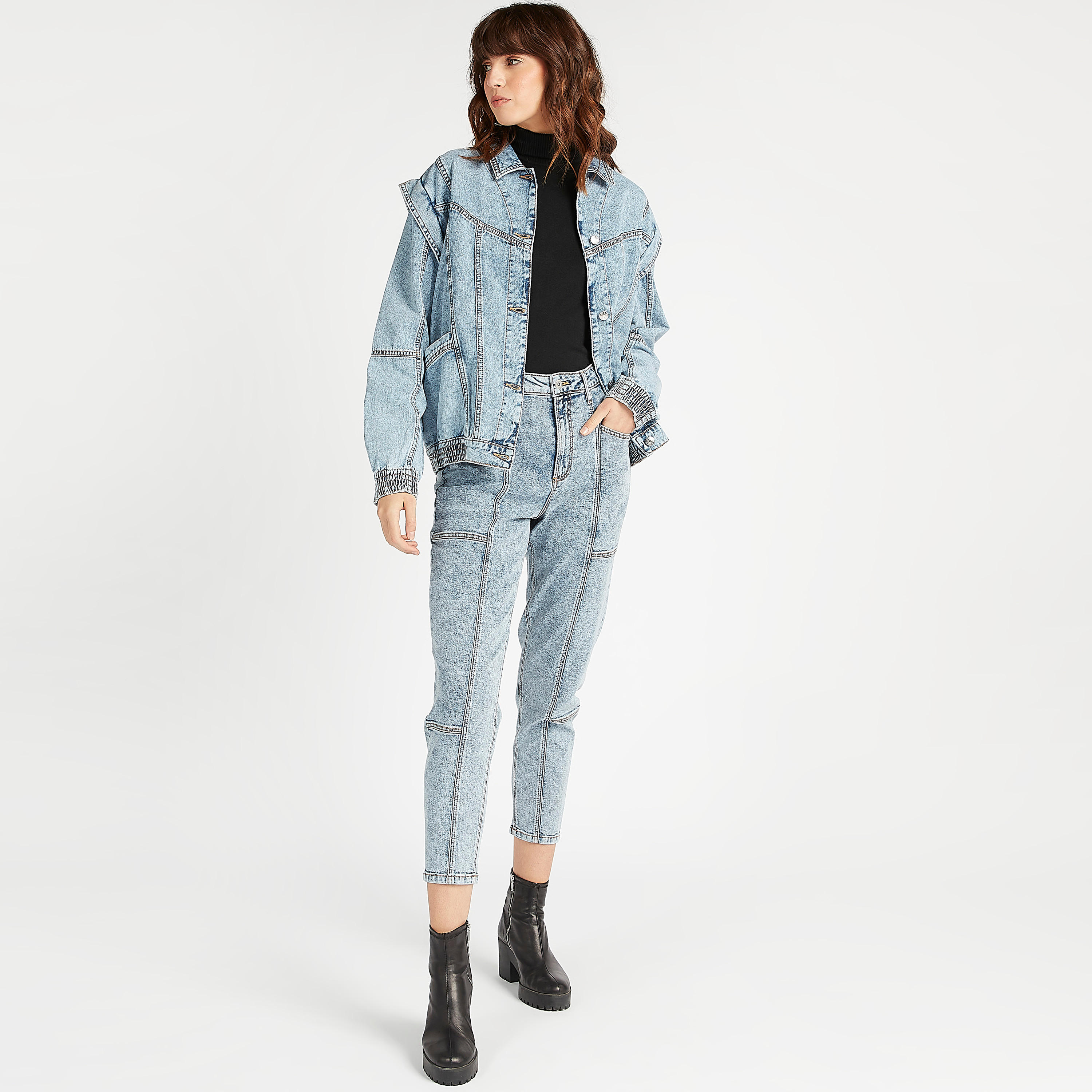 جاكيت مستدام دينم سادة بأكمام طويلة وزر إغلاق-women-winterwear-coatsandjackets-jackets-image-1