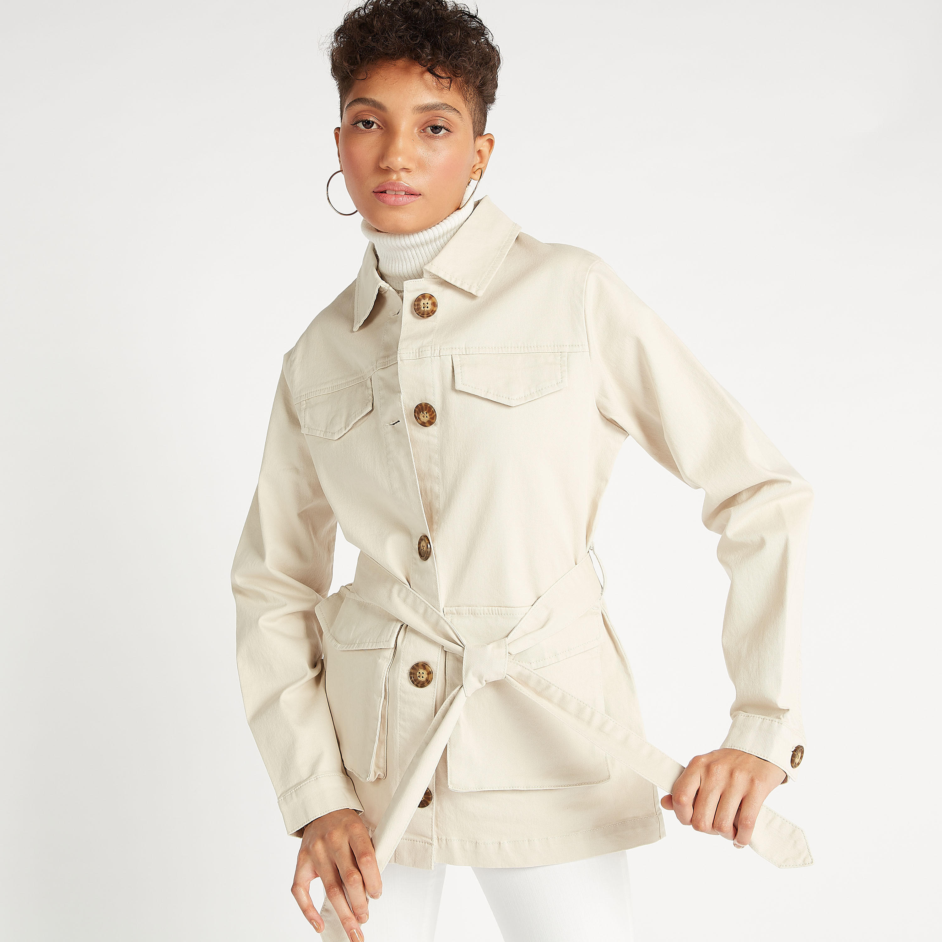 جاكيت مستدام دينم سادة بحزام وجيوب بطية-women-winterwear-coatsandjackets-jackets-image-1