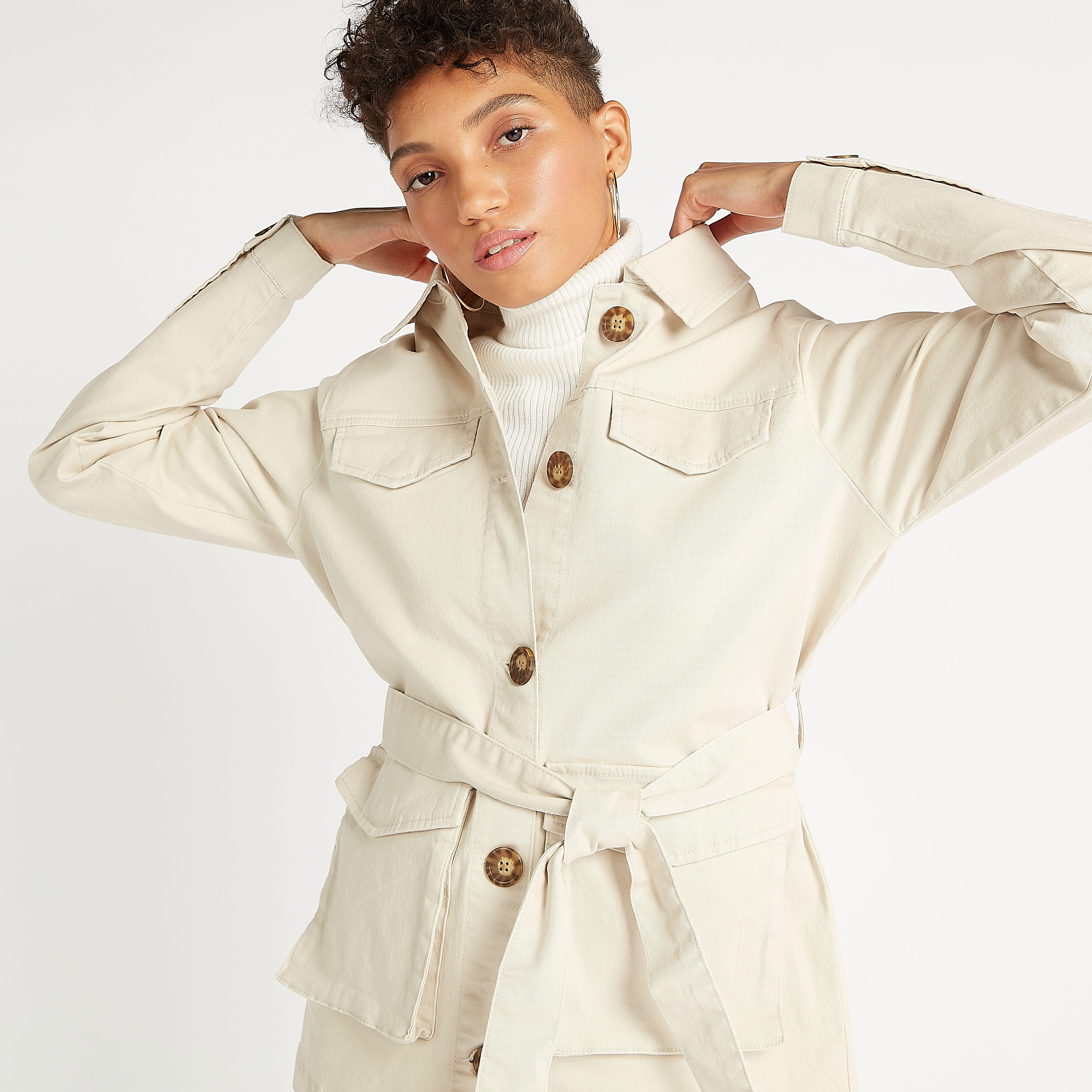 جاكيت مستدام دينم سادة بحزام وجيوب بطية-women-winterwear-coatsandjackets-jackets-image-3
