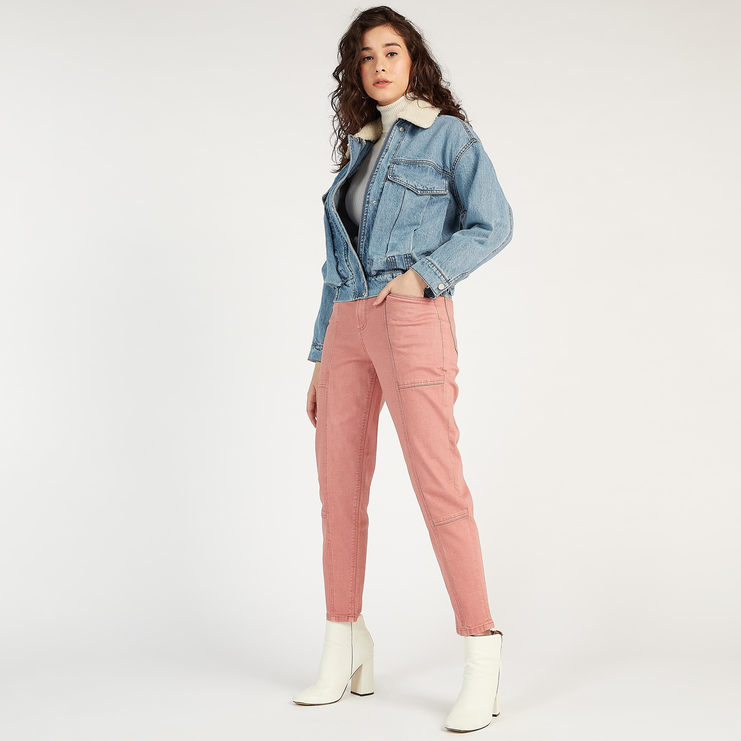جاكيت مستدام دينم سادة بأكمام طويلة وياقة فرو-women-winterwear-coatsandjackets-jackets-image-2